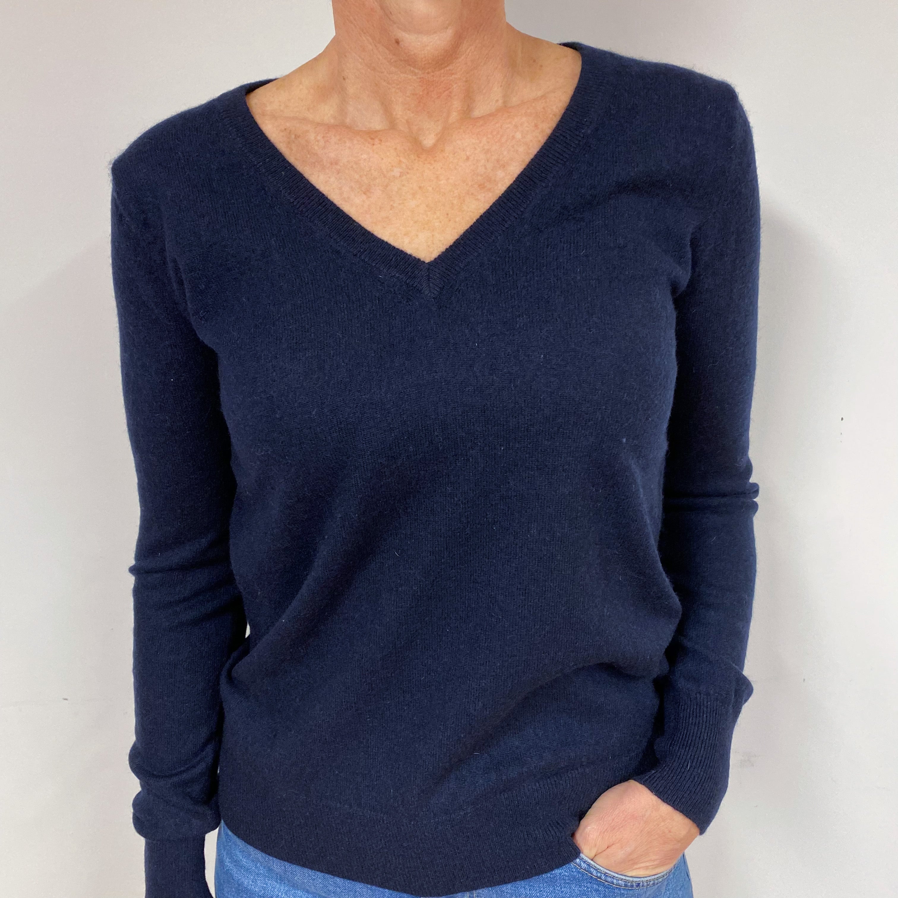 Dark Navy Blue Cashmere V-Neck Jumper Medium