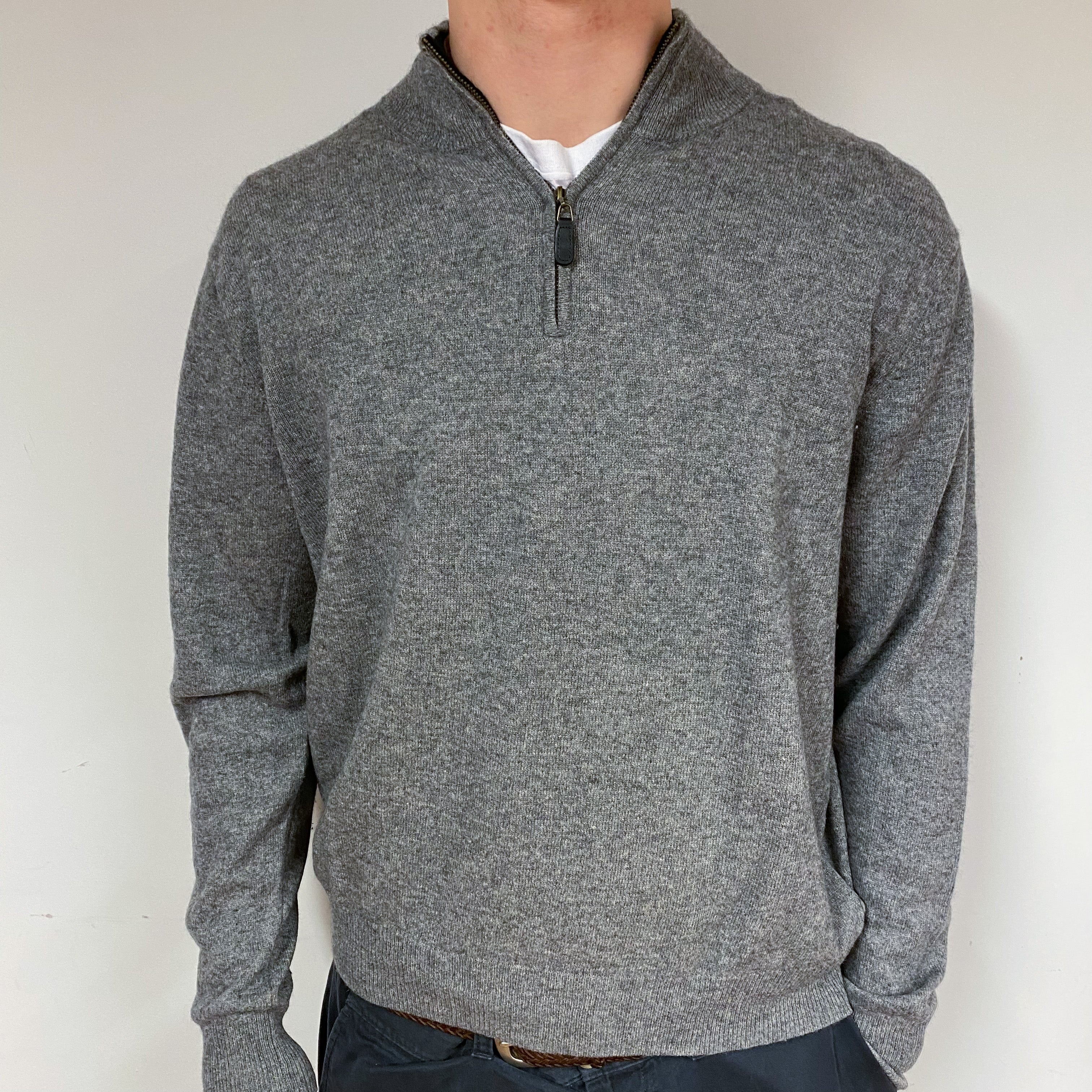 Men's Smoke Grey Cashmere Quarter Zip Jumper Large