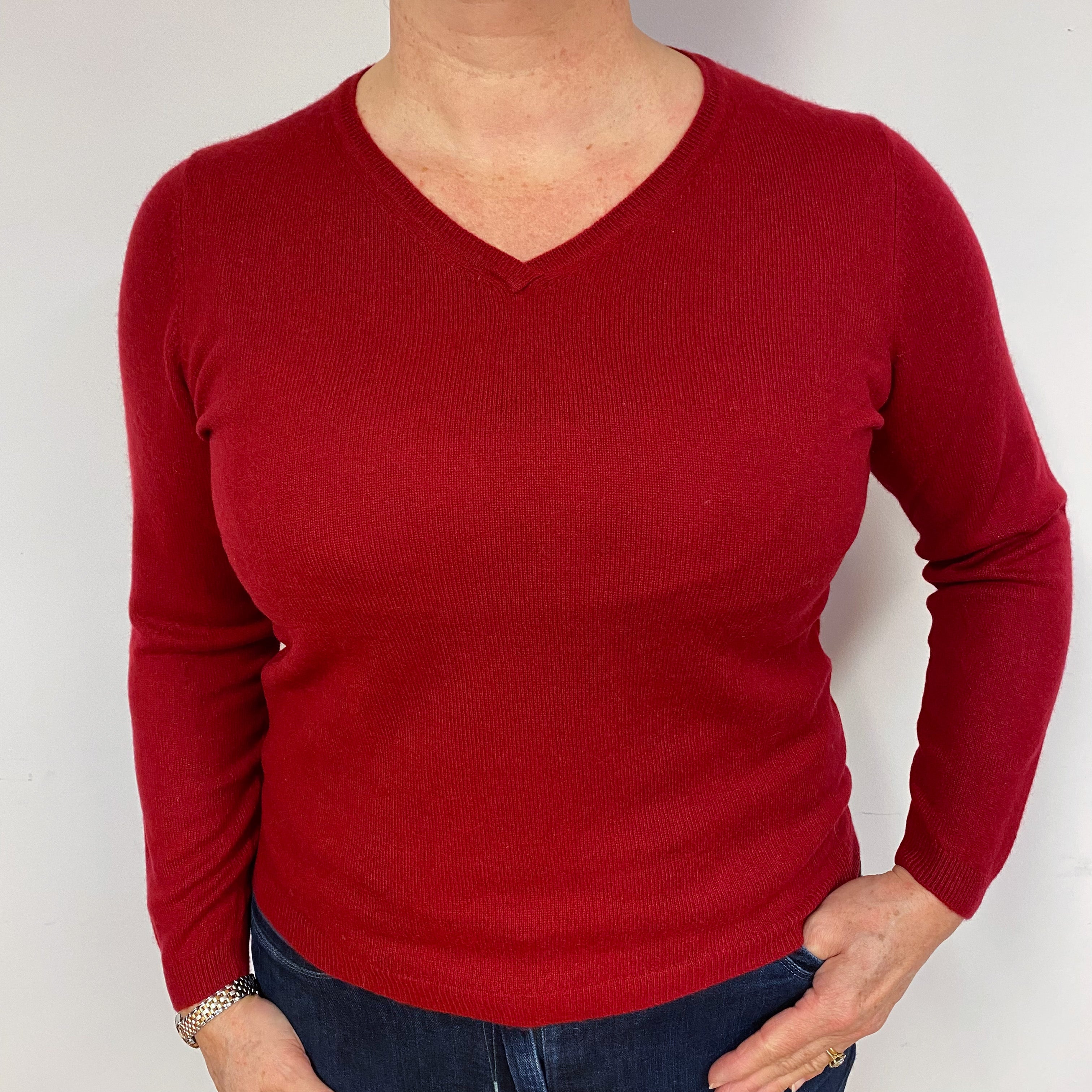 Crimson Red Cashmere V-Neck Jumper Large