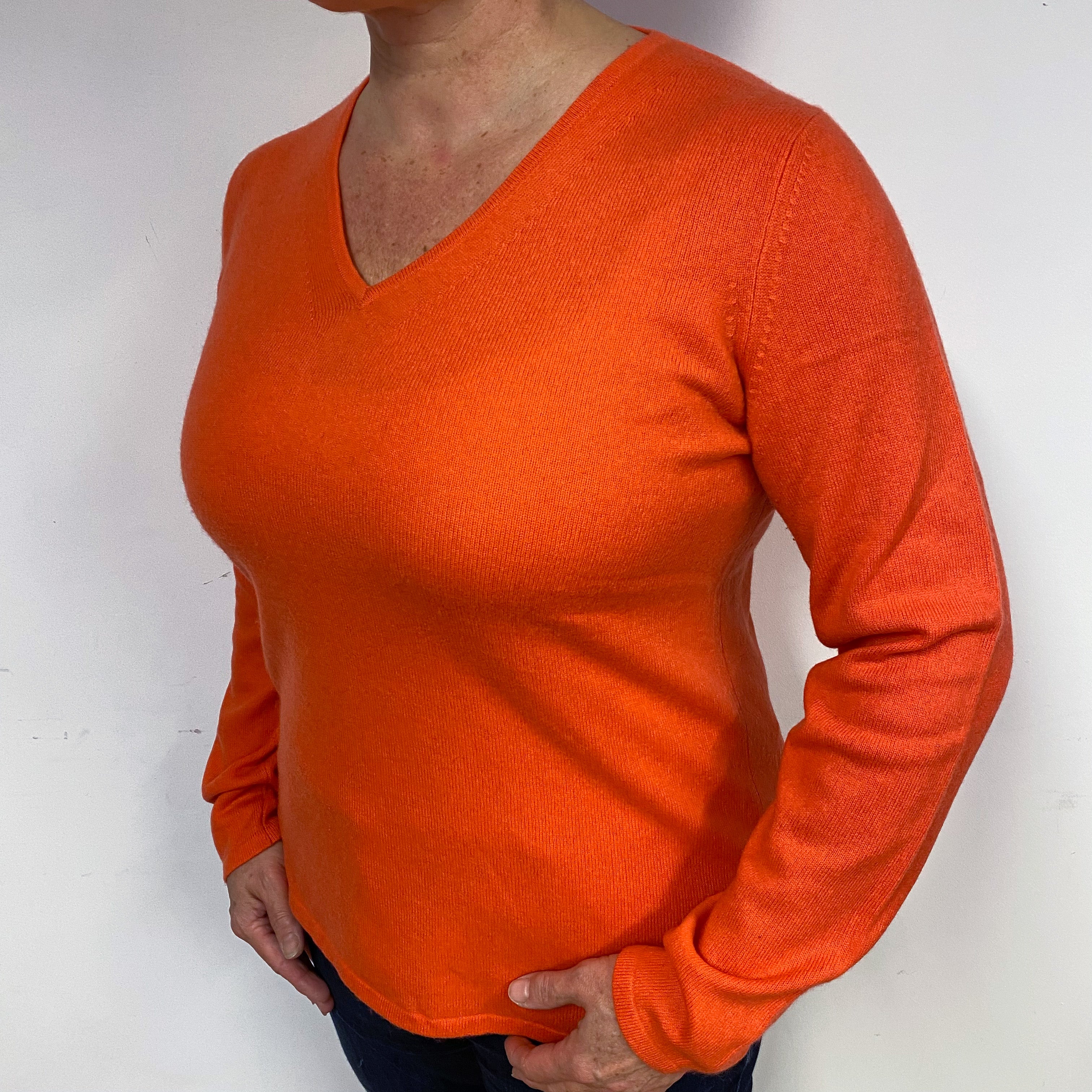 Fiery Orange Cashmere V-Neck Jumper Large