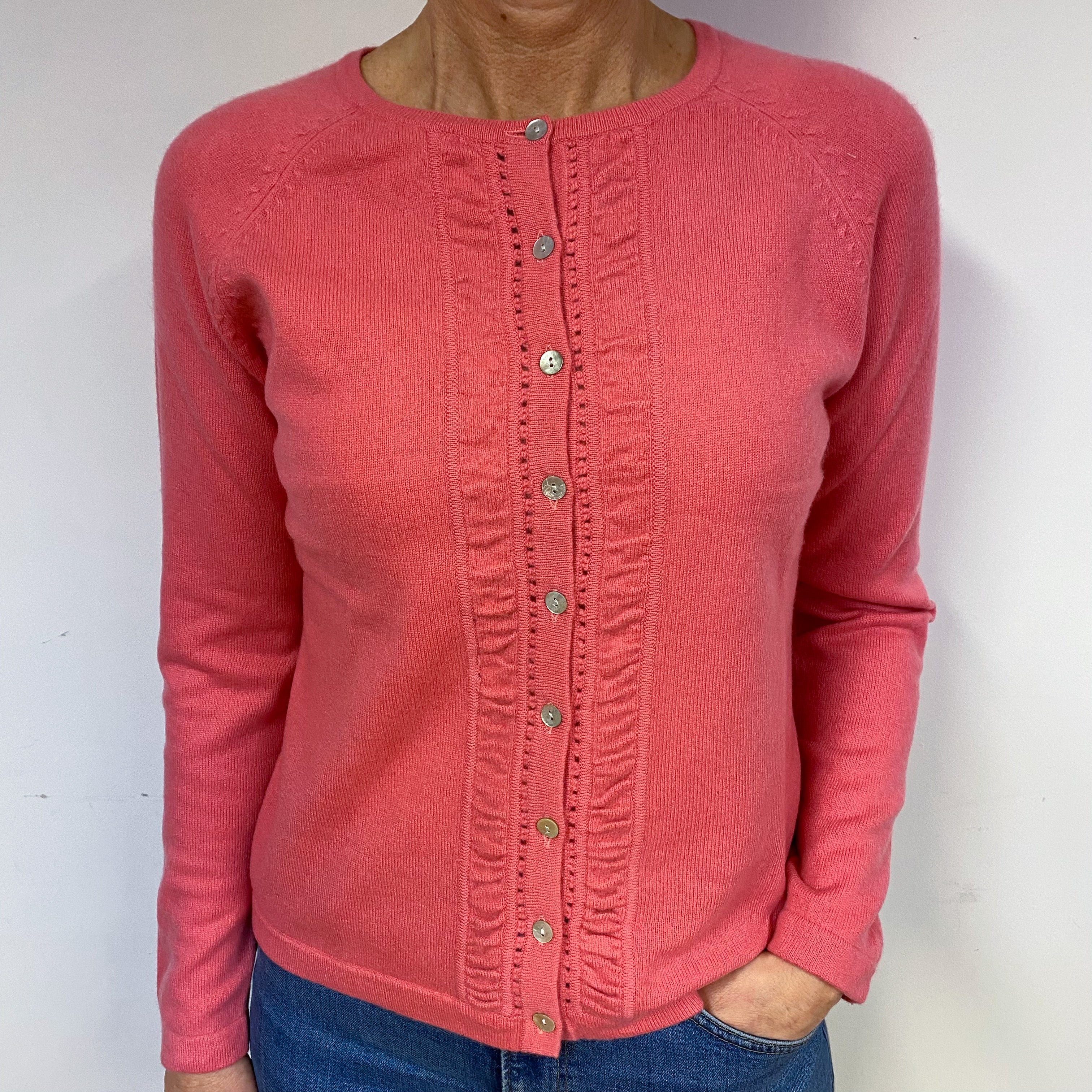 Deep Coral Pink Cashmere Crew Neck Cardigan Medium