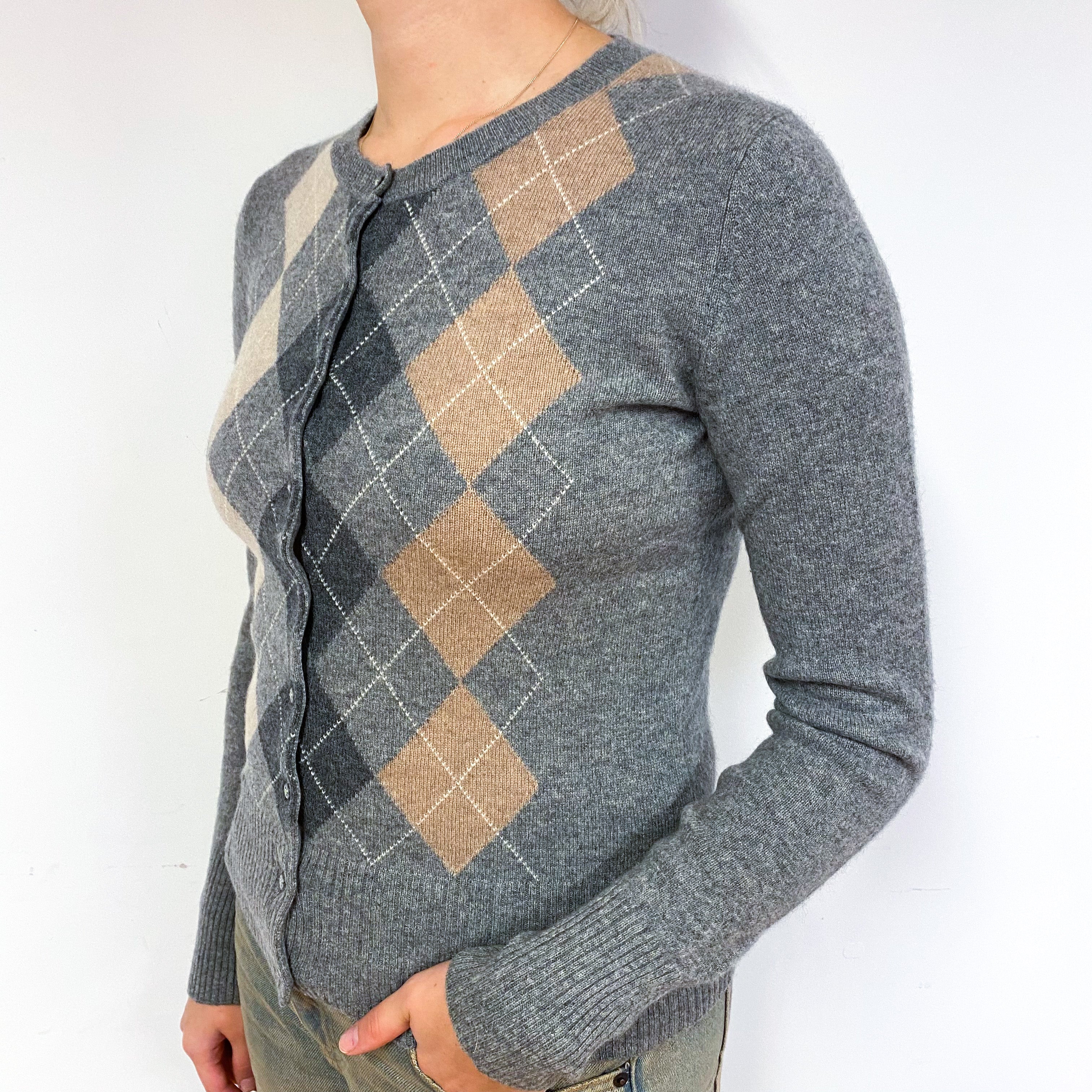 Grey Beige Argyle Cashmere Crew Neck Cardigan Small