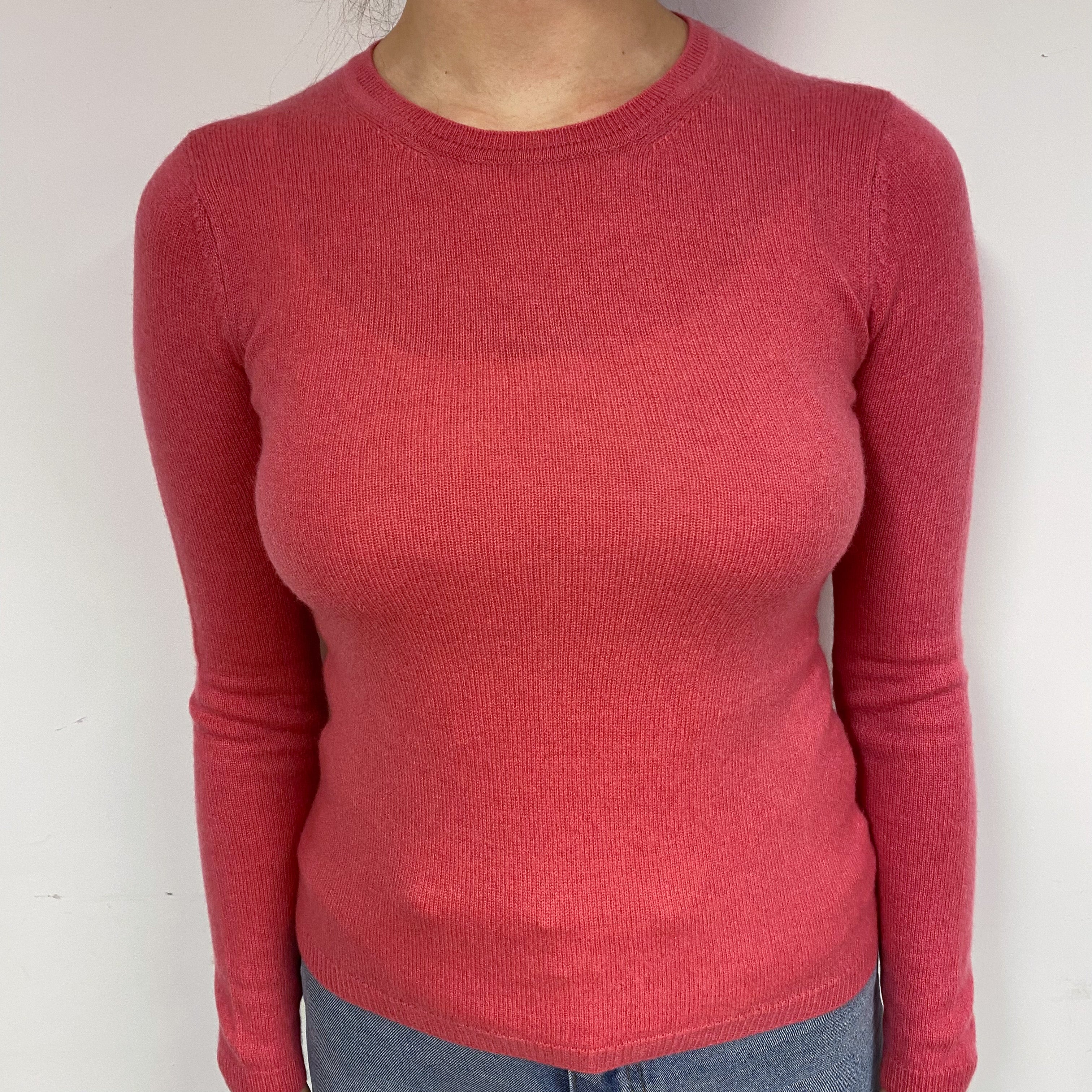 Deep Coral Pink Cashmere Crew Neck Jumper Small