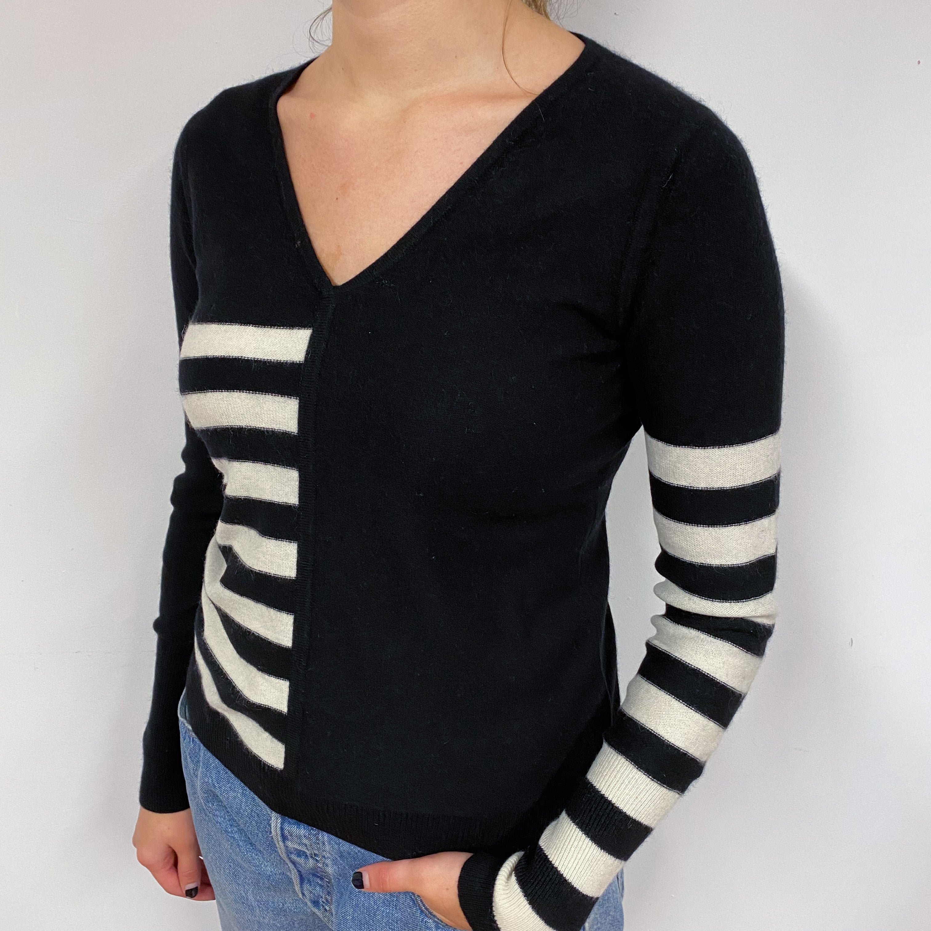 Jaeger Ivory Stripe Cashmere V-Neck Jumper Small