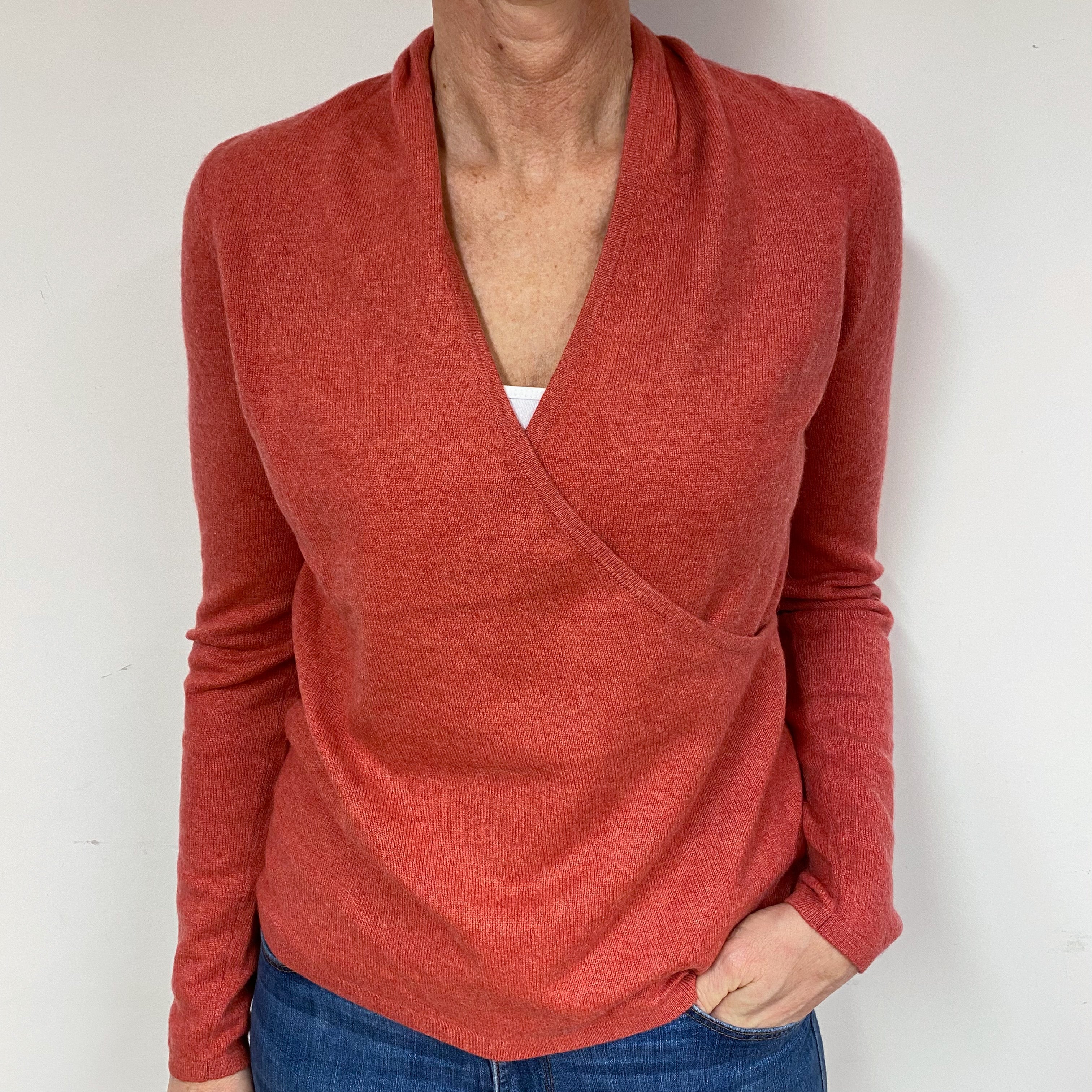 Red Cashmere Crossover V-Neck Jumper Medium
