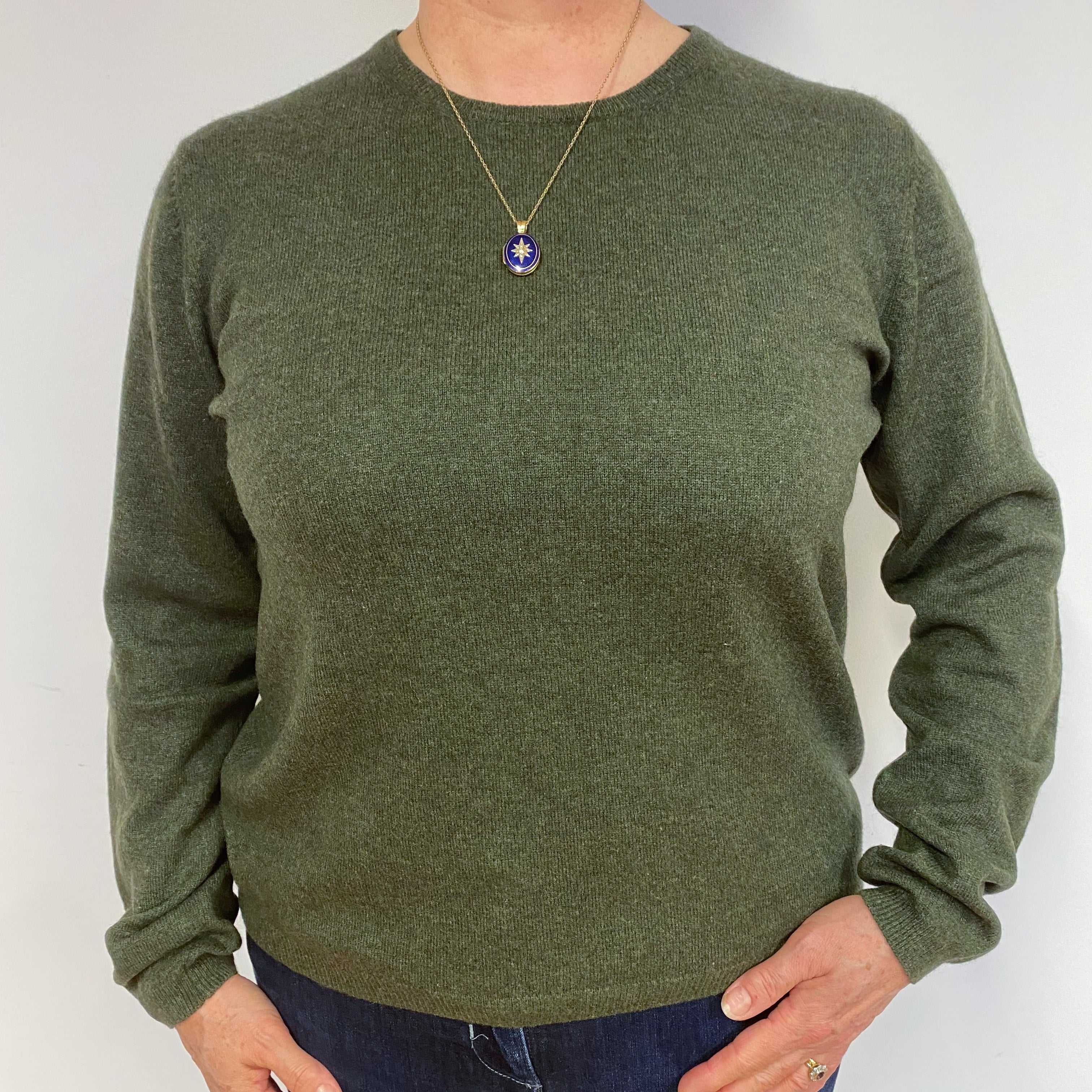 Deep Khaki Green Cashmere Crew Neck Jumper Large