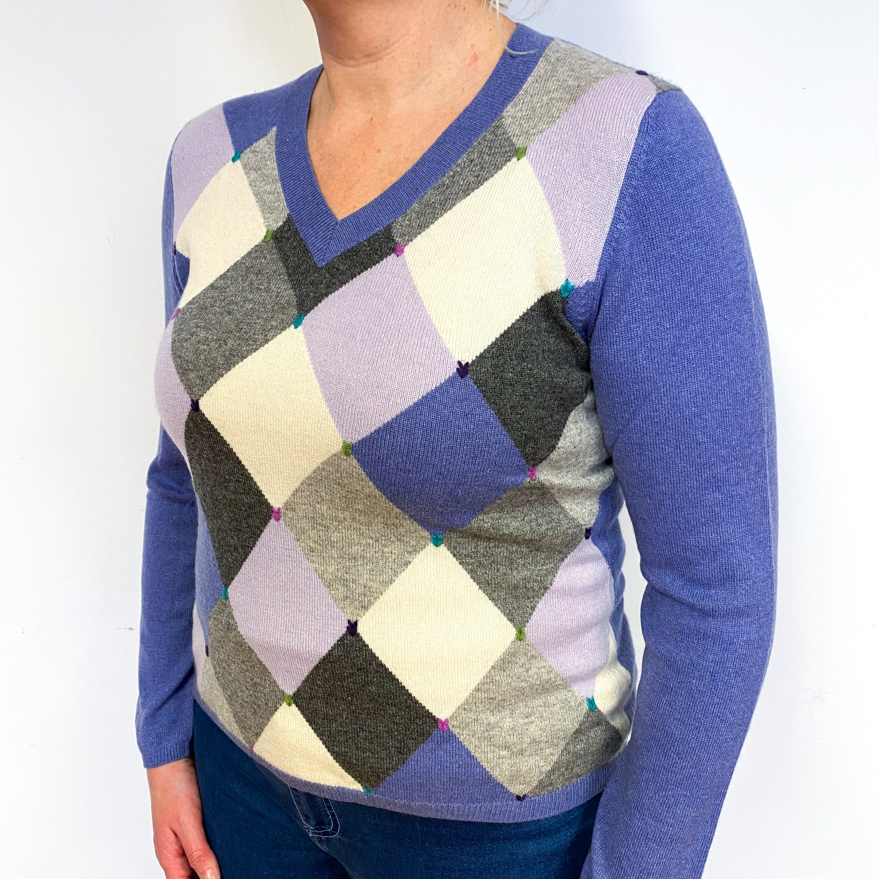 Purple Grey Diamond Cashmere V-Neck Jumper Large