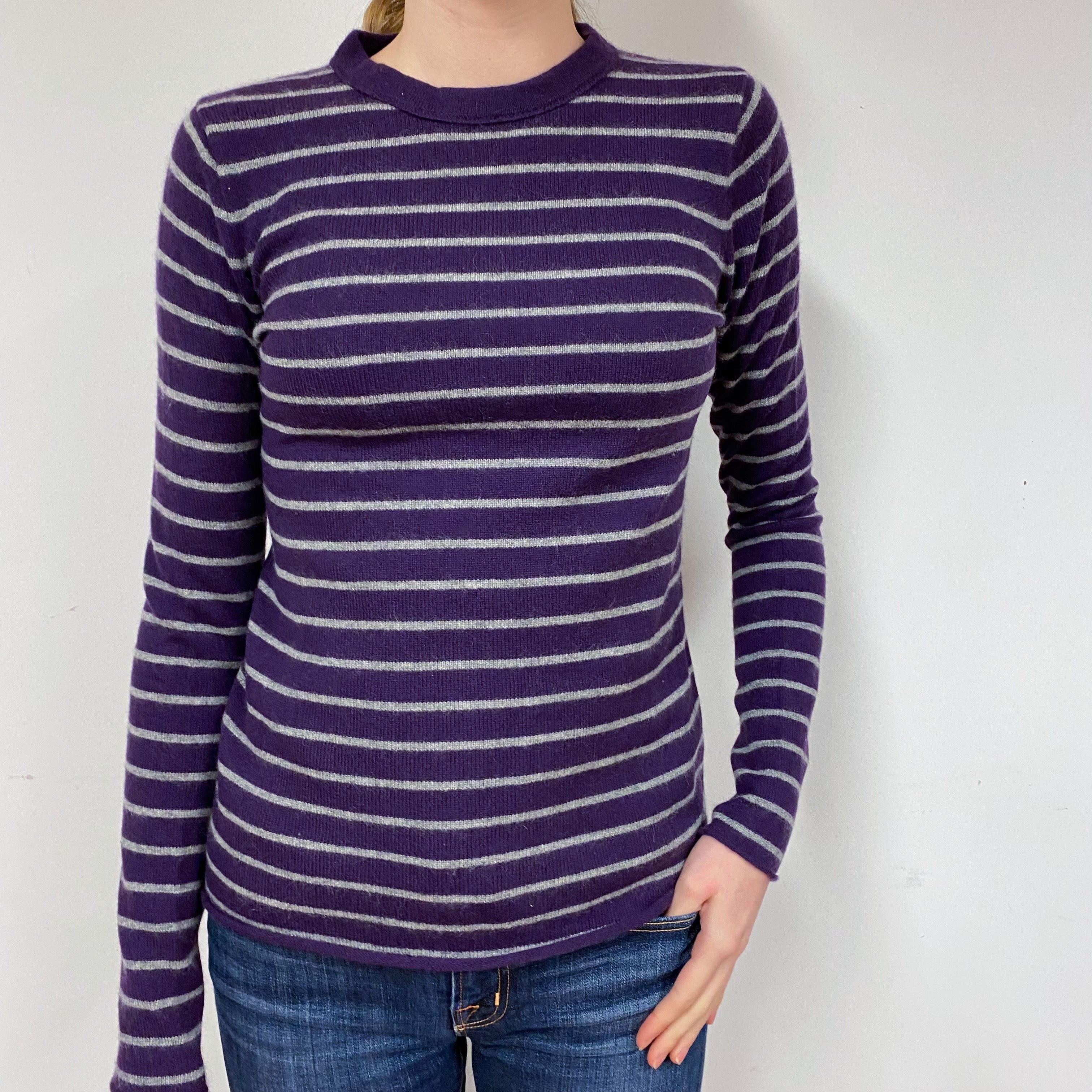 Purple Grey Stripe Cashmere Crew Neck Jumper Extra Small