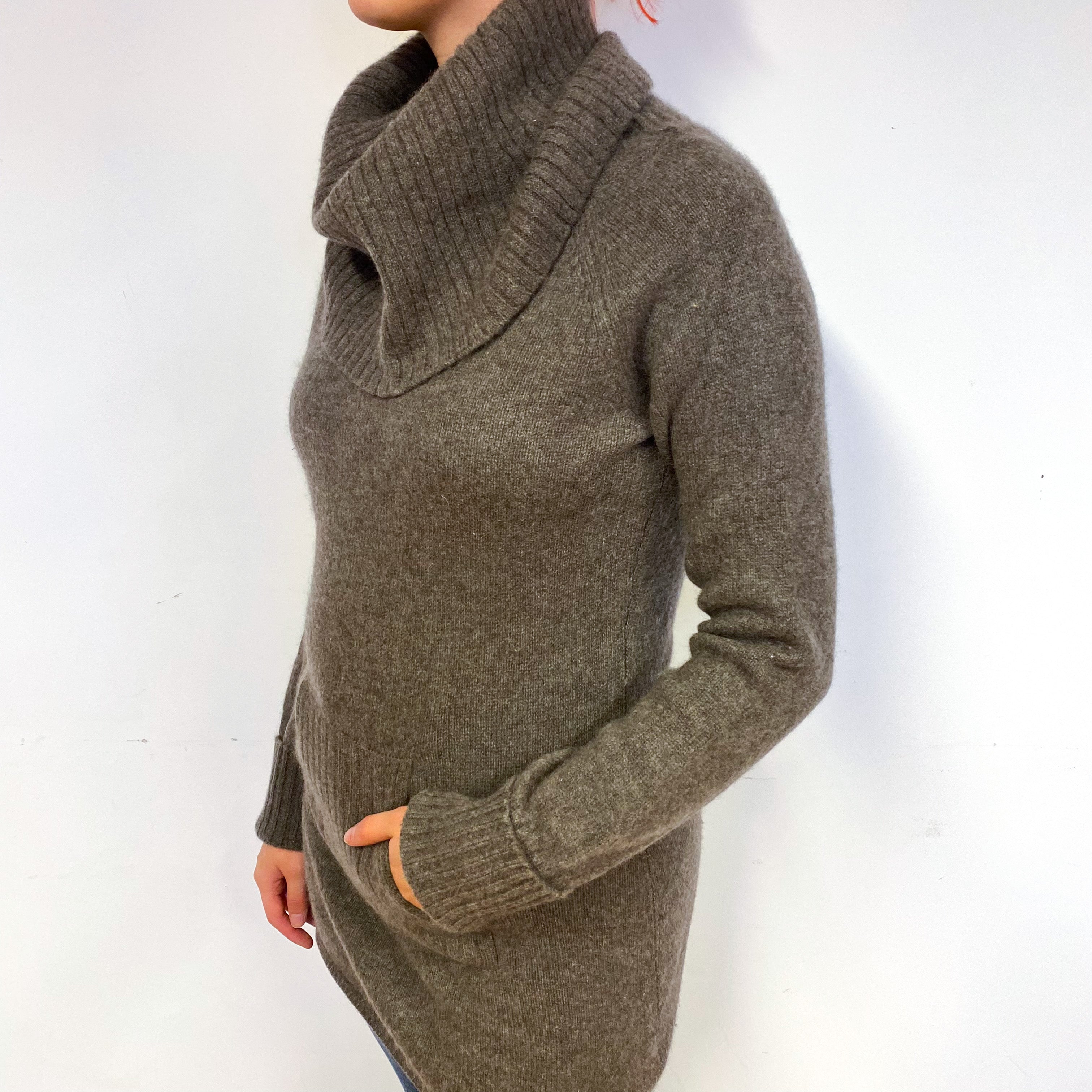 Mocha Brown Longline Cashmere Cowl Neck Jumper Small