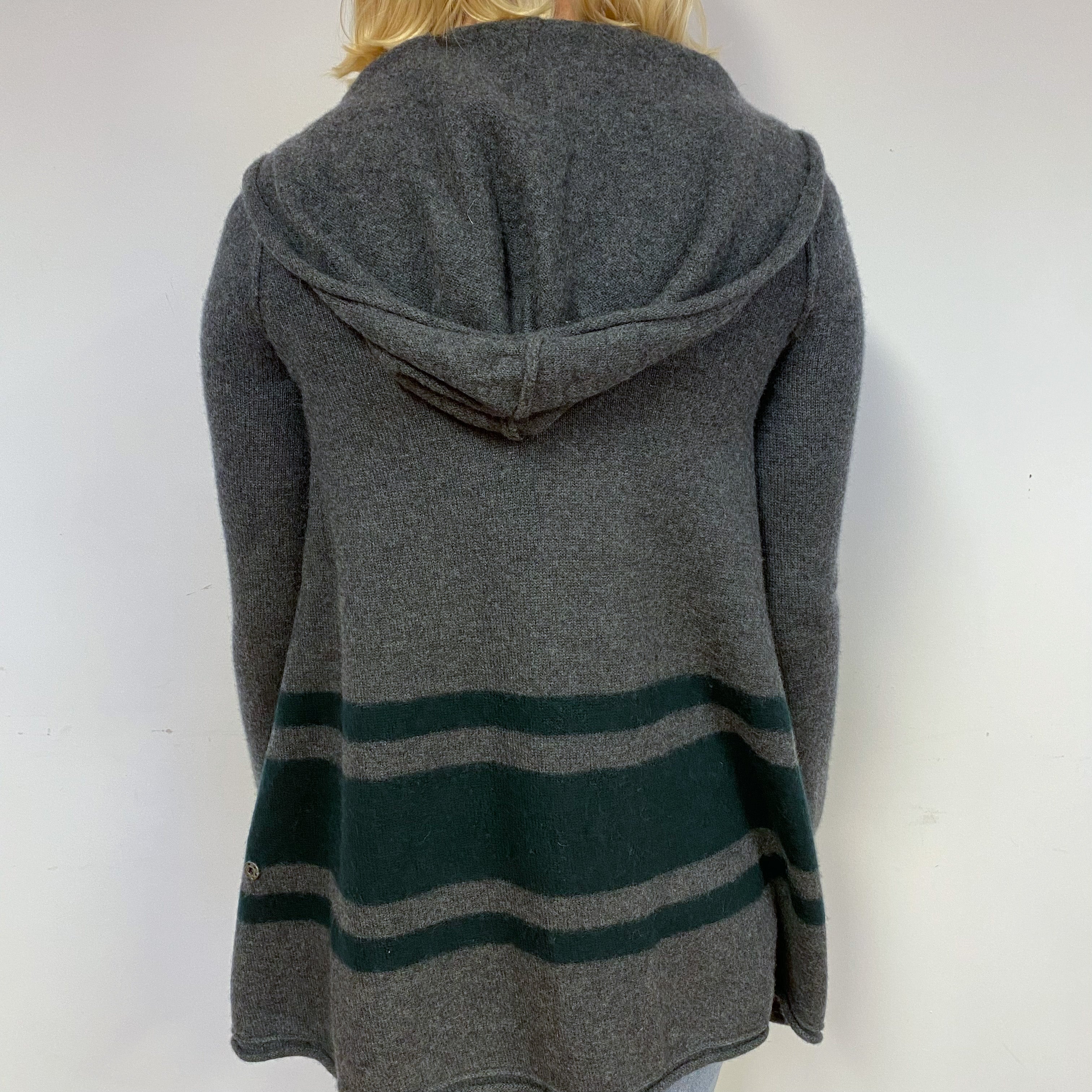 Grey with Black Stripe Cashmere Edge to Edge Cardigan with Hood Small