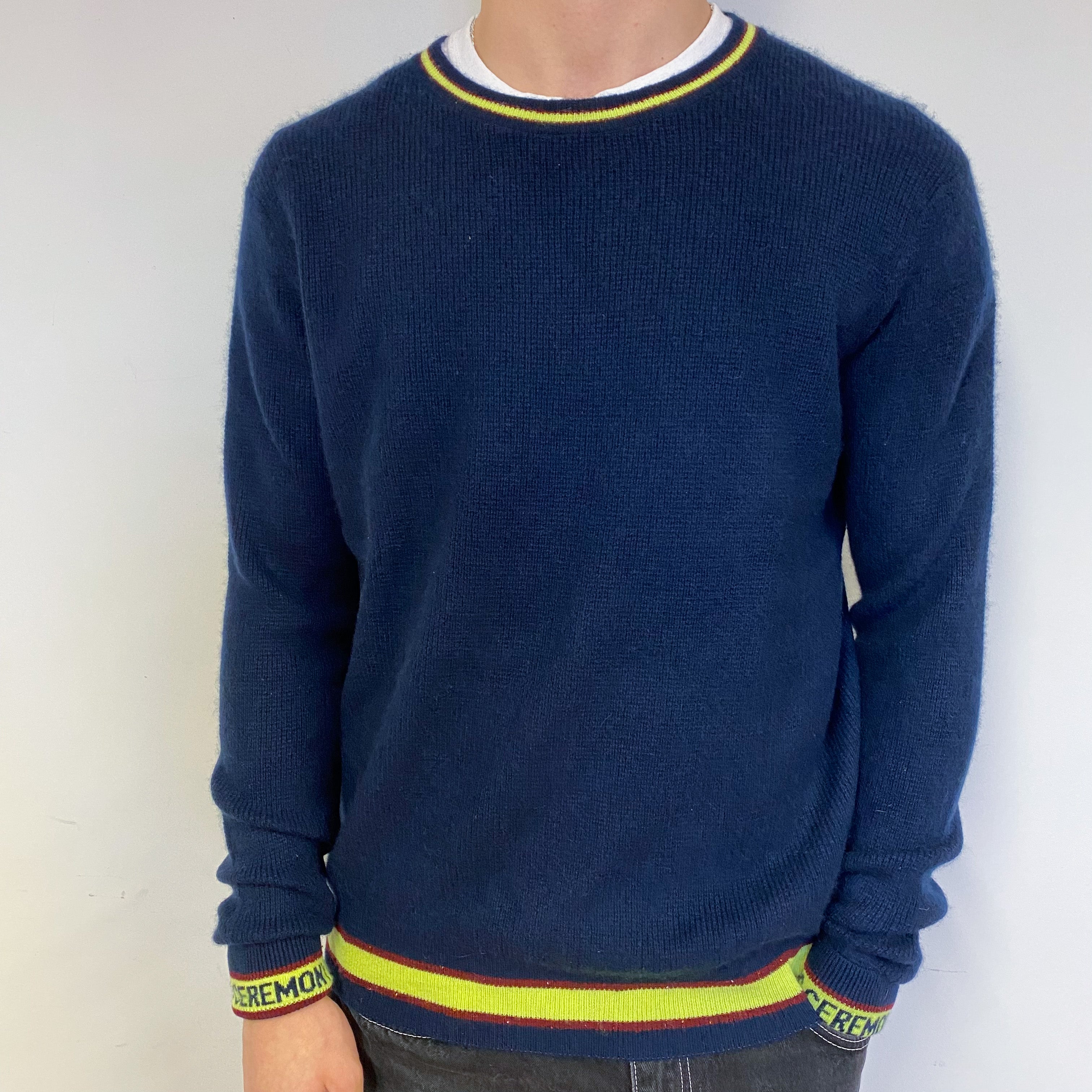 Men's Navy and Yellow Cashmere Crew Neck Jumper Medium