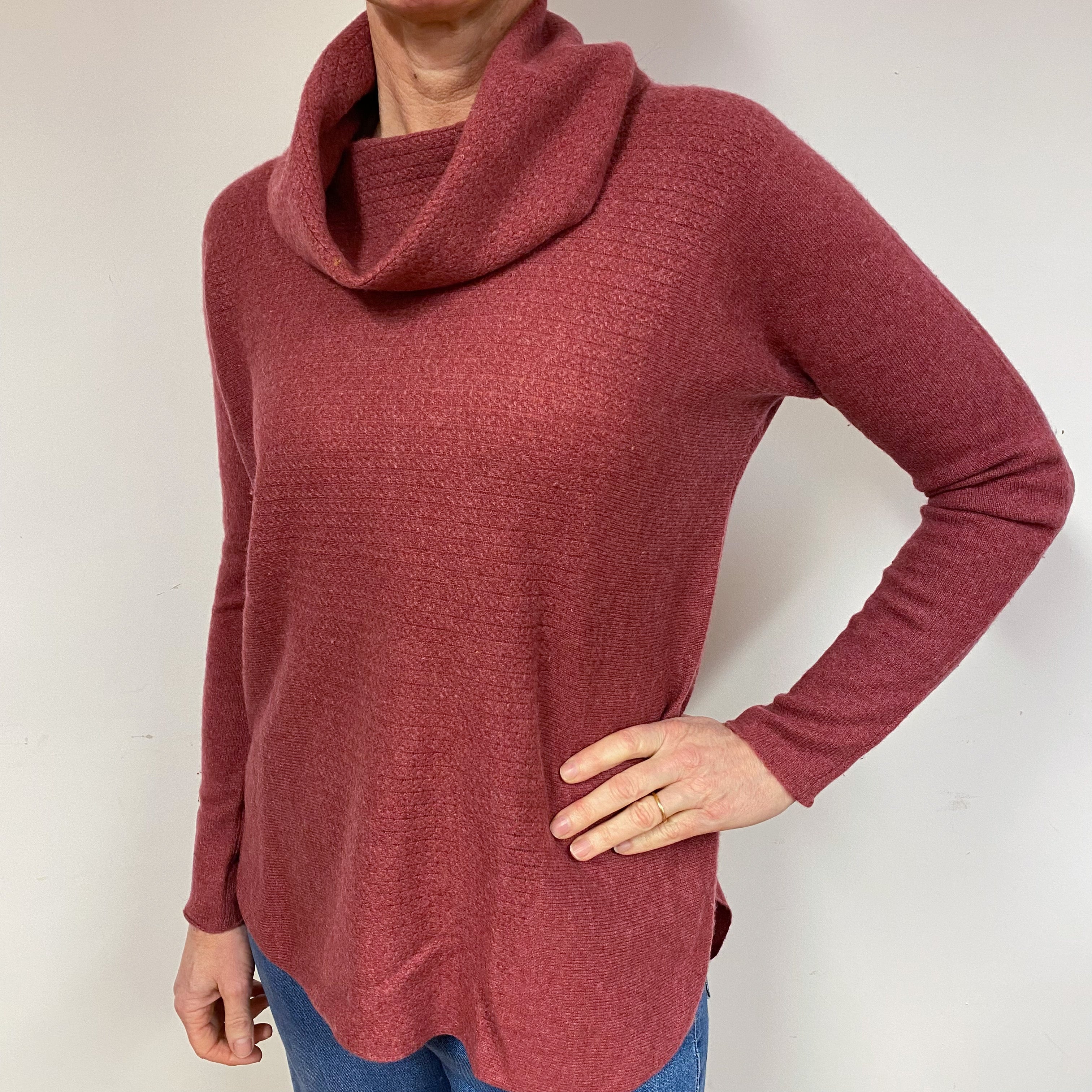 Muted Brick Red Batwing Cashmere Cowl Neck Jumper Medium