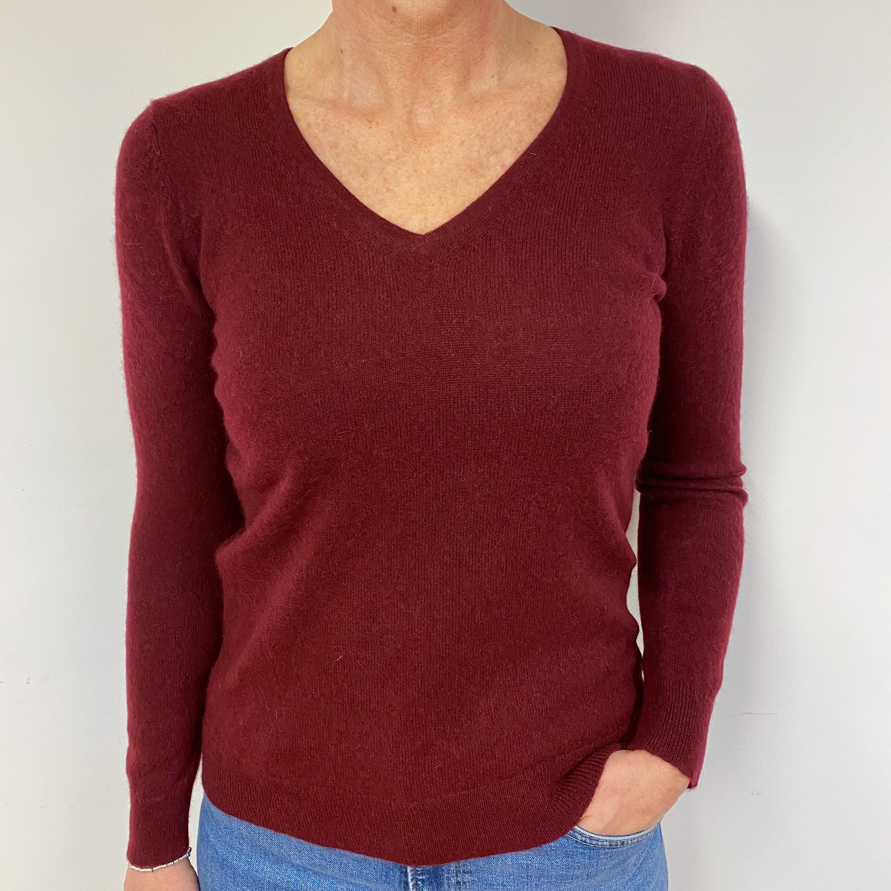 Burgundy Red Cashmere V-Neck Jumper Medium