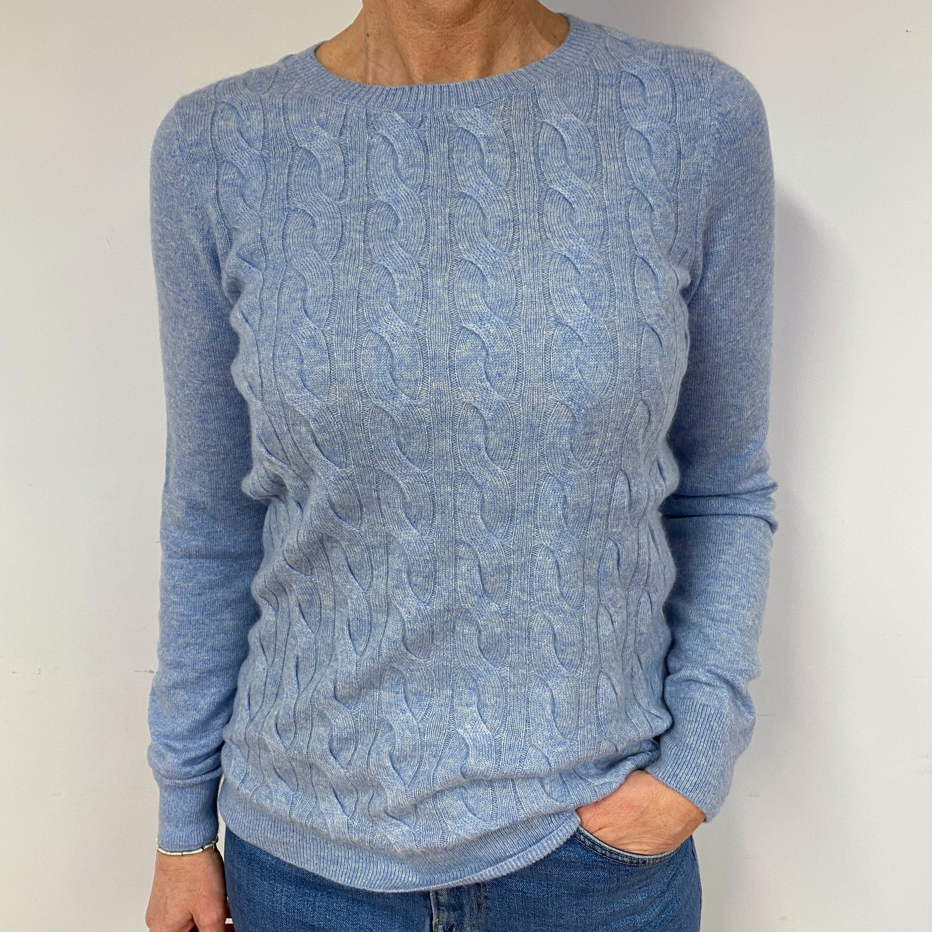 Sky Blue Cable Cashmere Crew Neck Jumper Medium