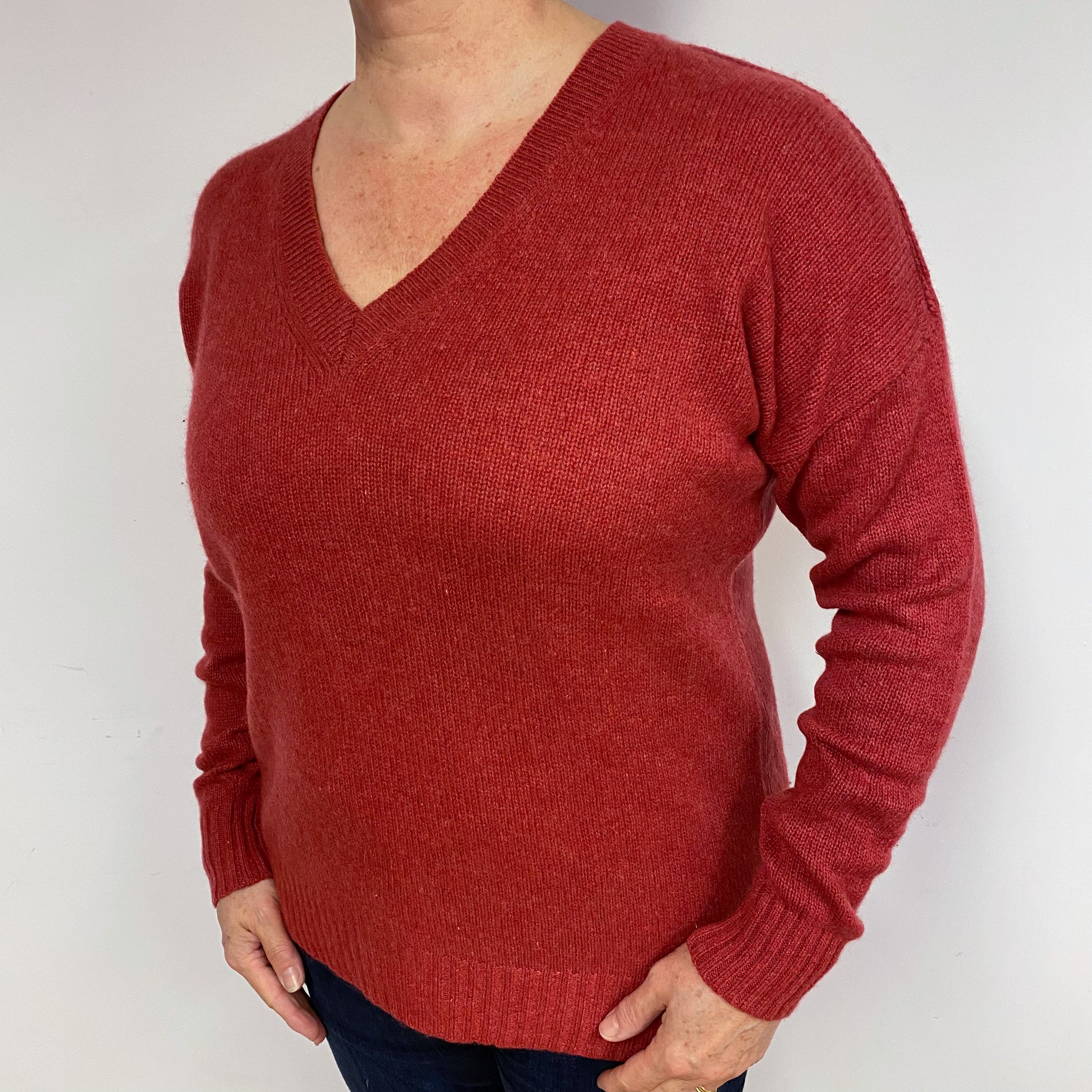 Brick Red Cashmere V-Neck Jumper Large