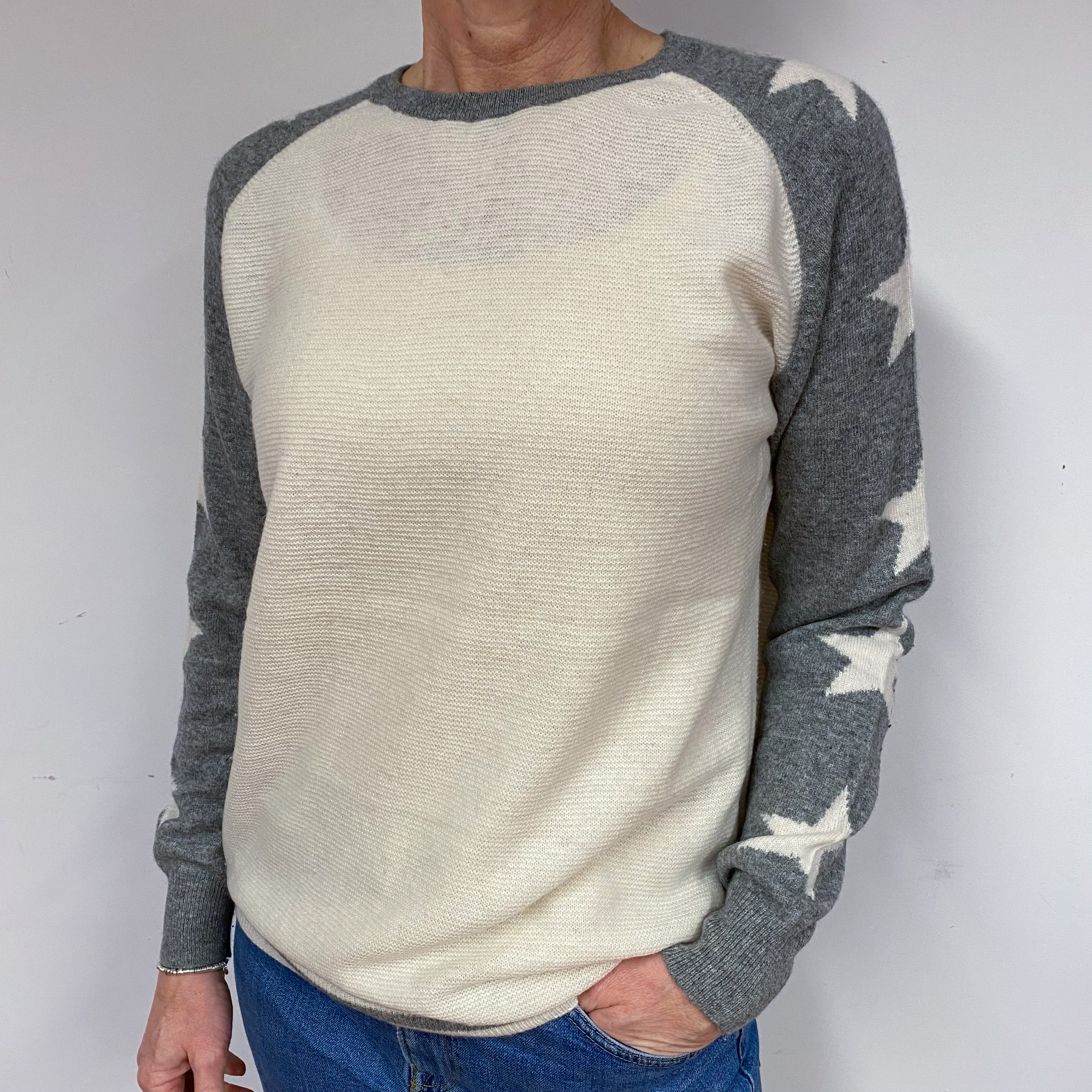 Cream Grey Slouchy Cashmere Crew Neck Jumper Medium