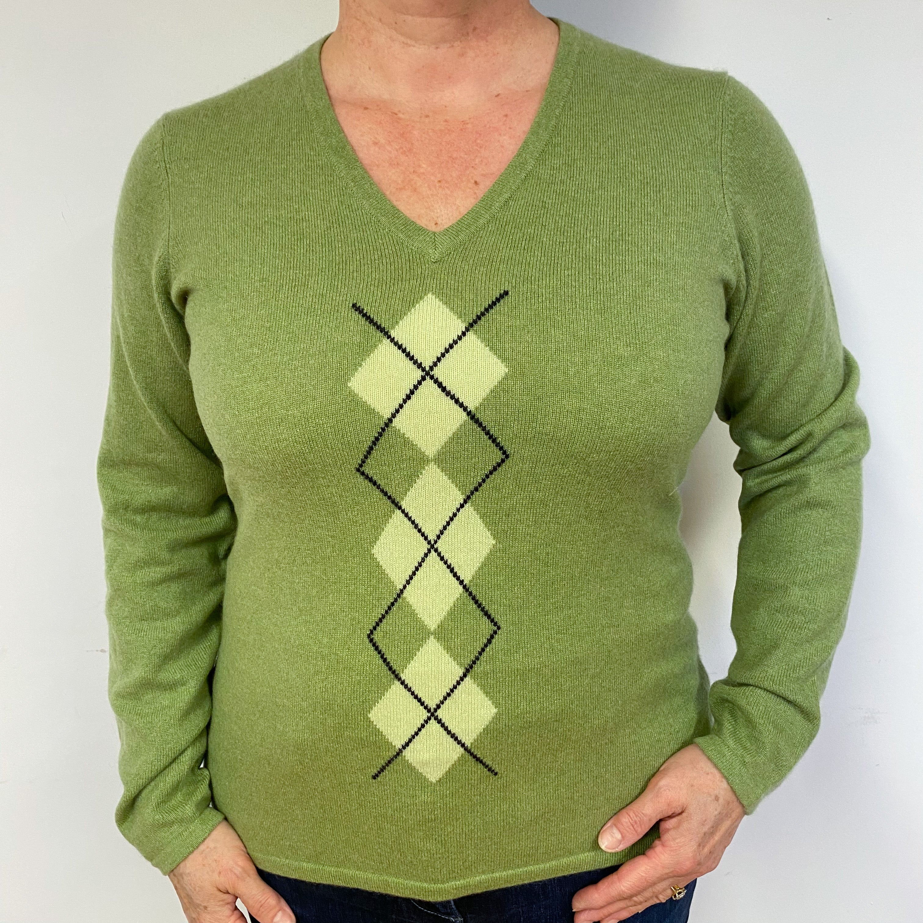 Pear Green Diamond Cashmere V-Neck Jumper Large.