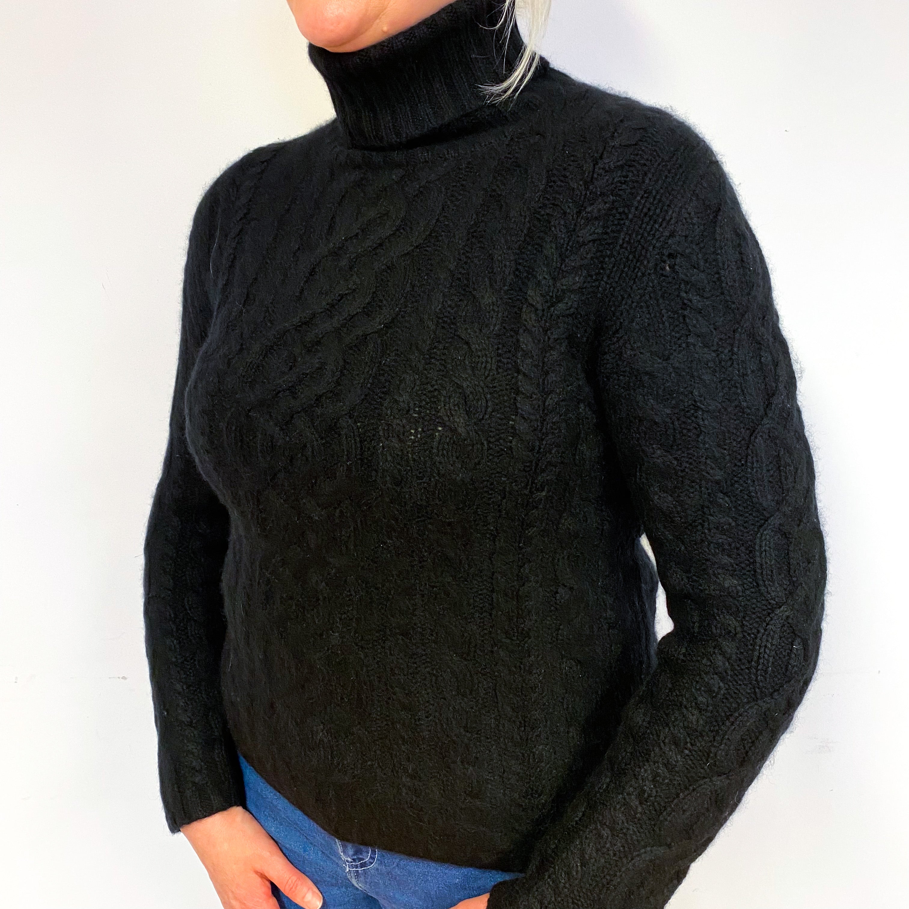 Chunky Black Cable Cashmere Polo Neck Jumper Large