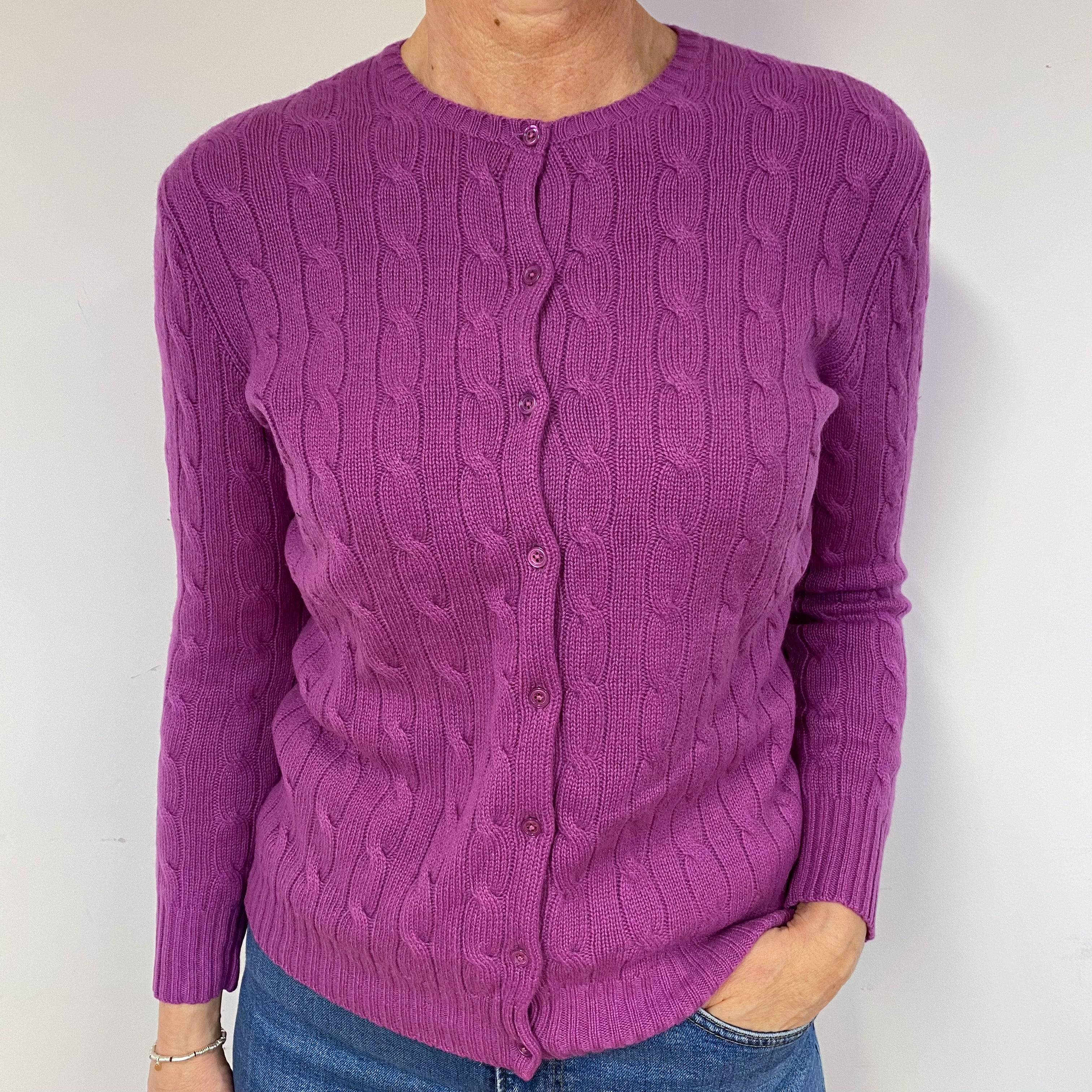 Magenta Pink Cable Cashmere Crew Neck Cardigan