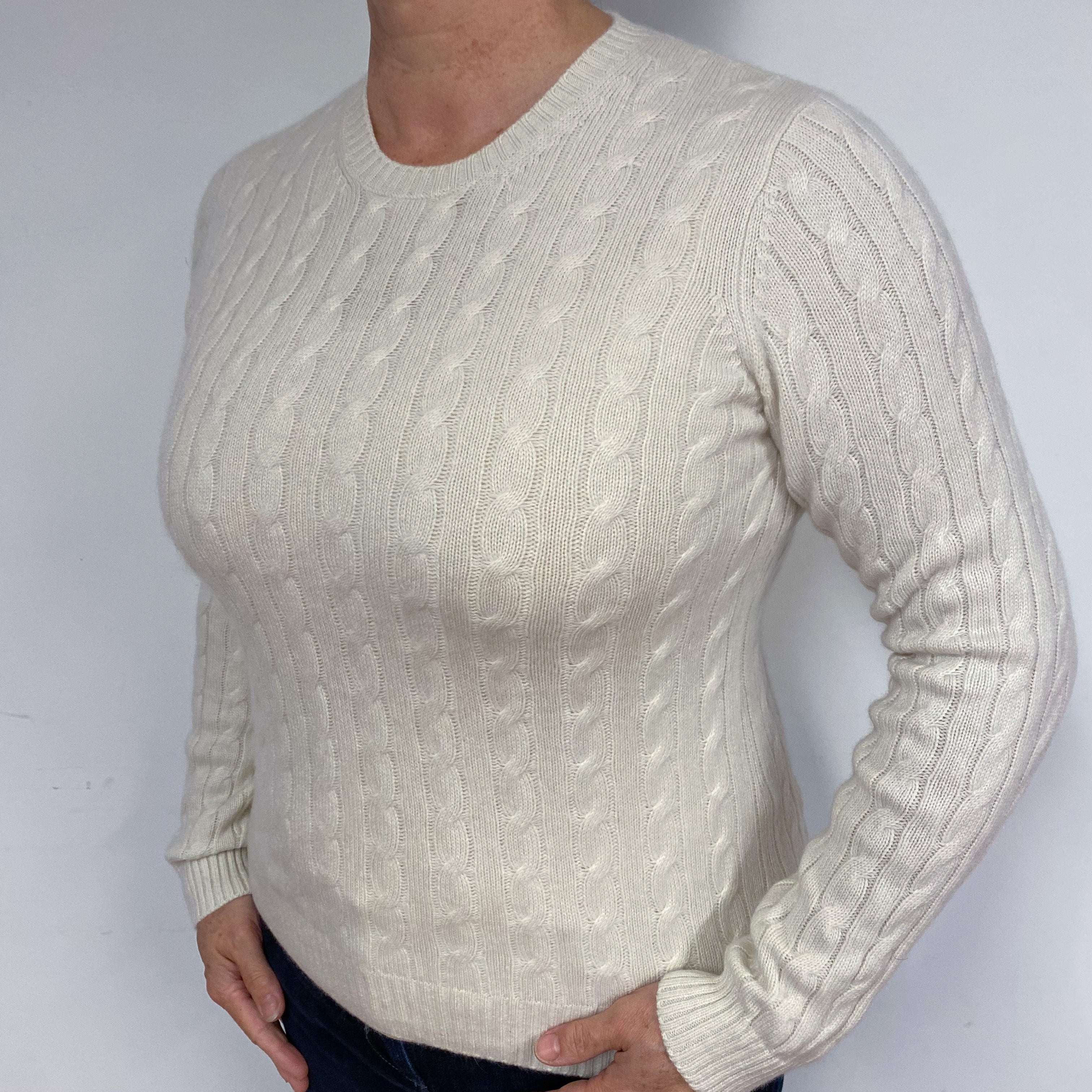 Ivory Cable Cashmere Crew Neck Jumper Large
