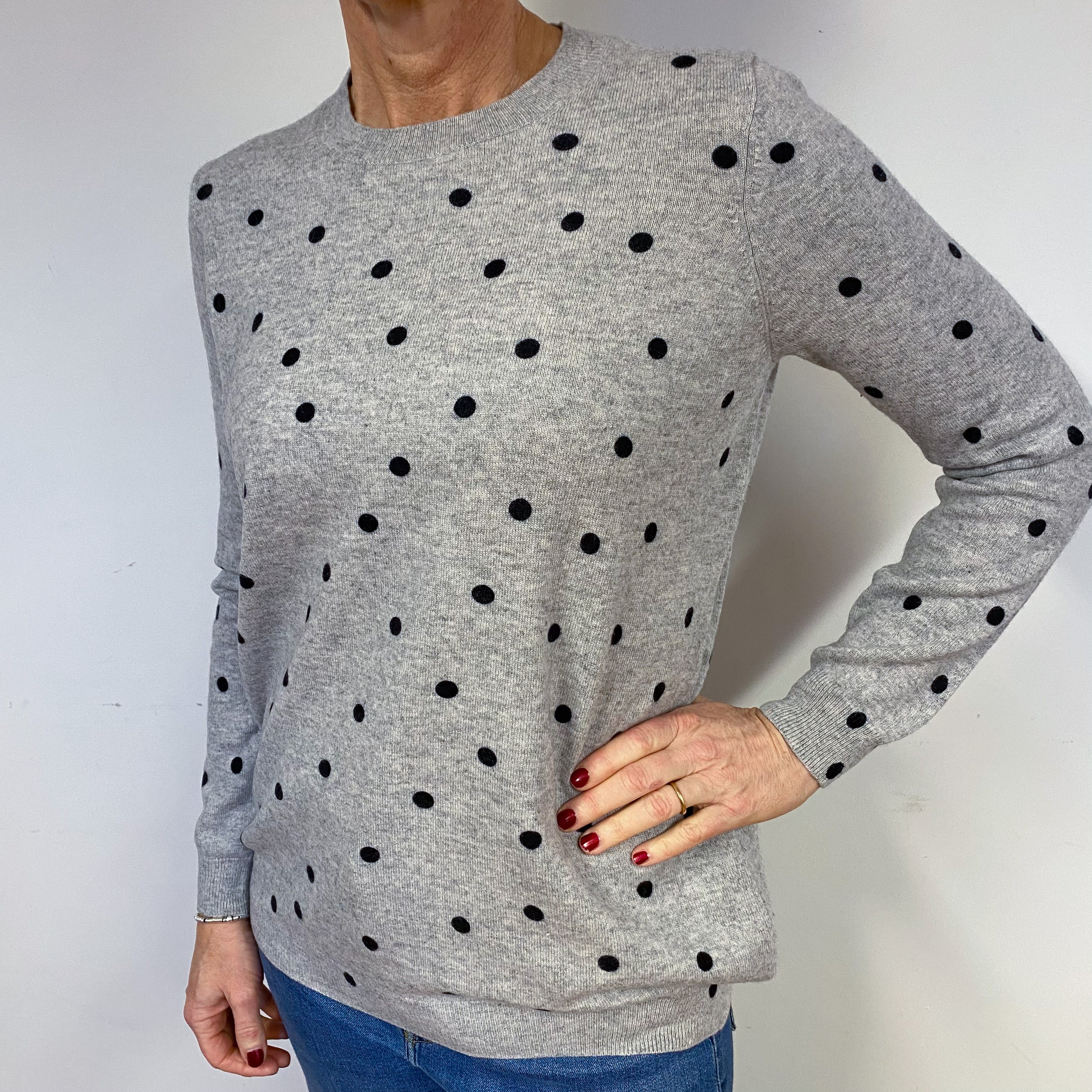 Slouchy Grey Polka Dot Cashmere Crew Neck Jumper Medium