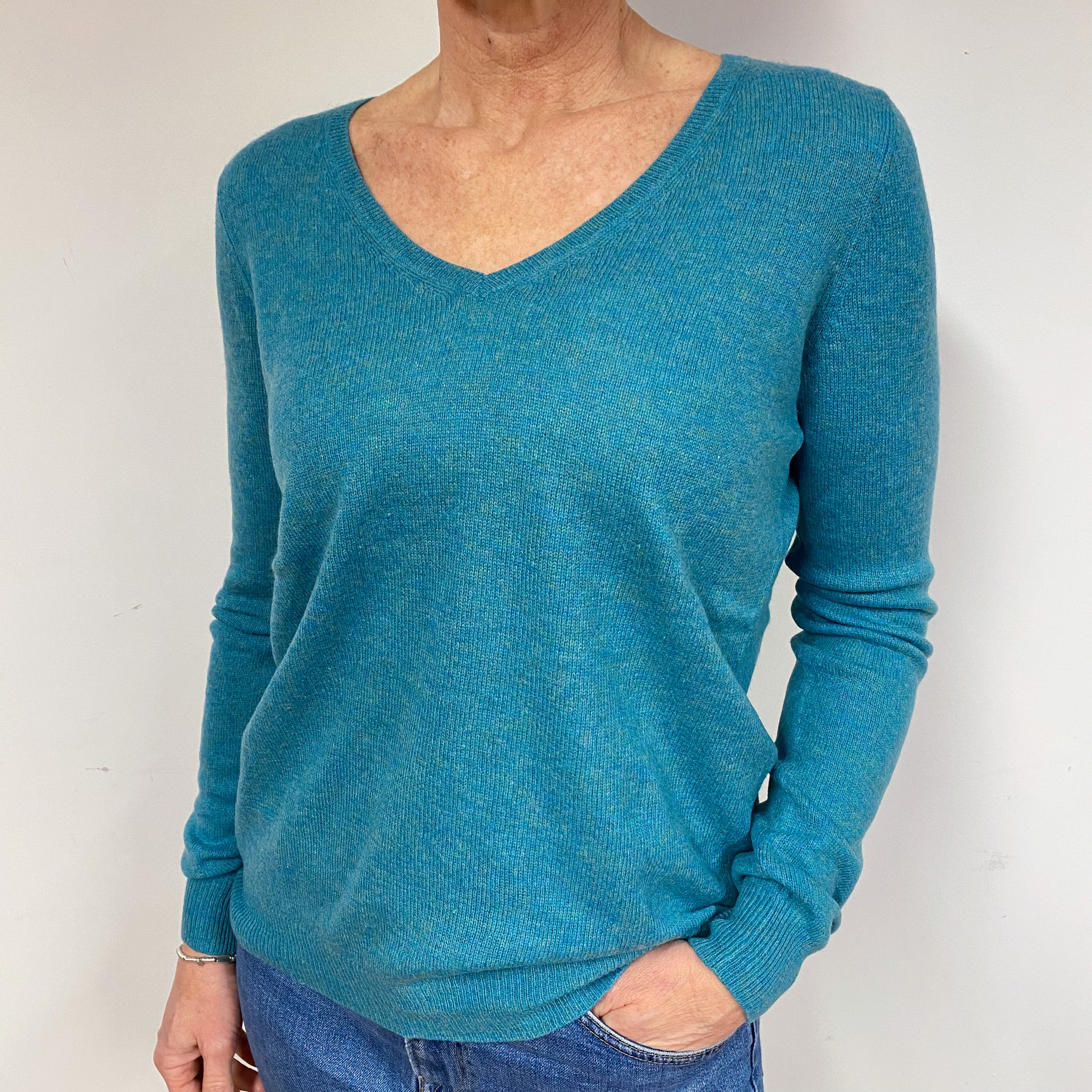 Turquoise Lightweight Cashmere V-Neck Jumper Medium