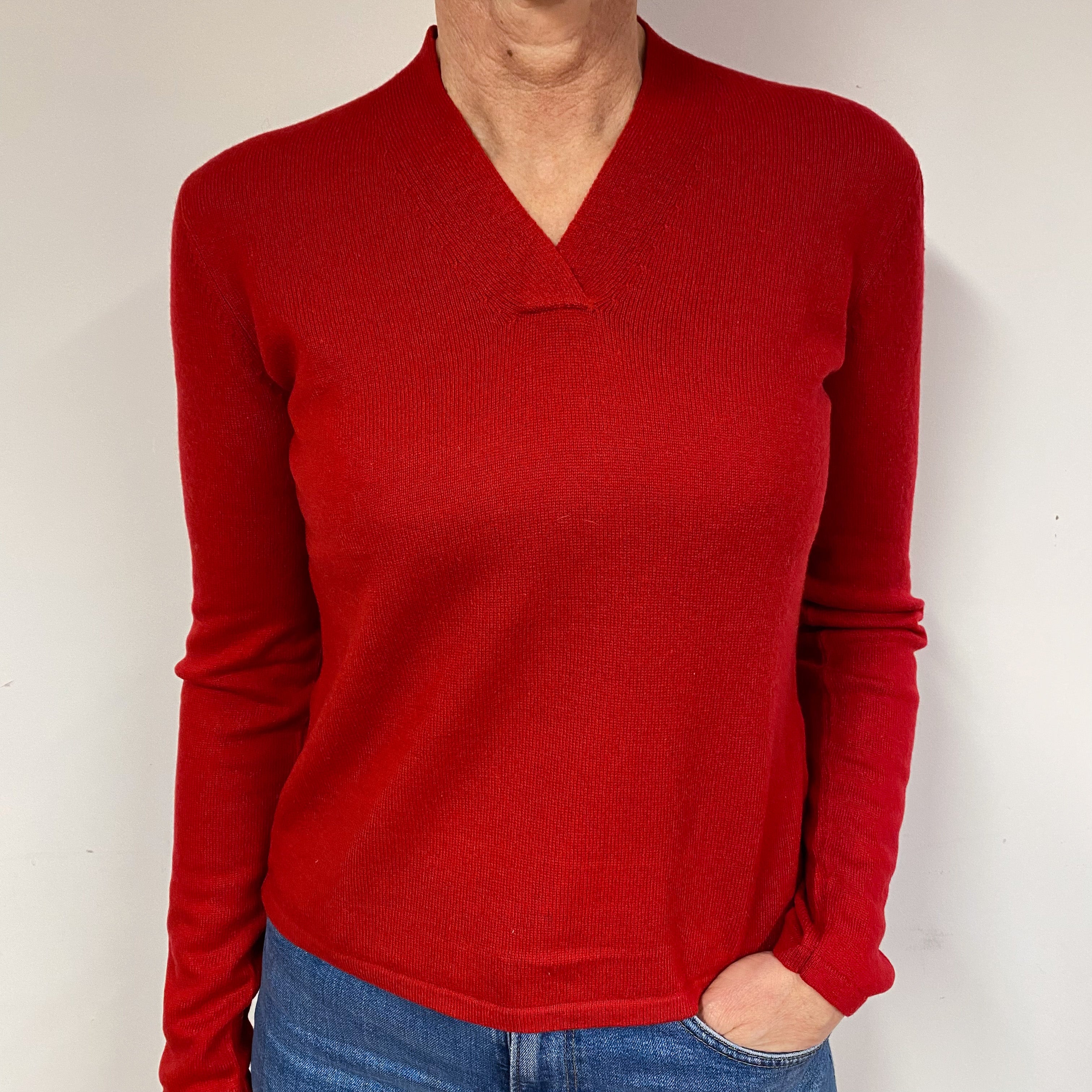 Post Box Red Cashmere V-Neck Jumper Medium
