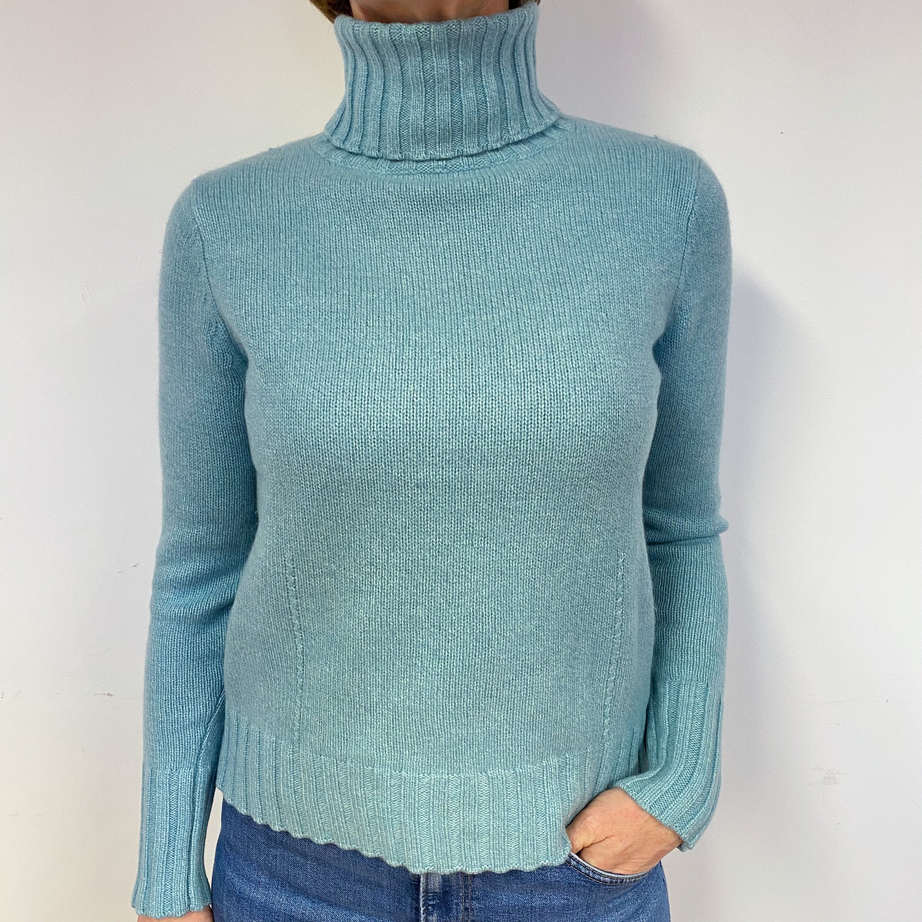 Opal Green Chunky Cashmere Polo Neck Jumper Medium