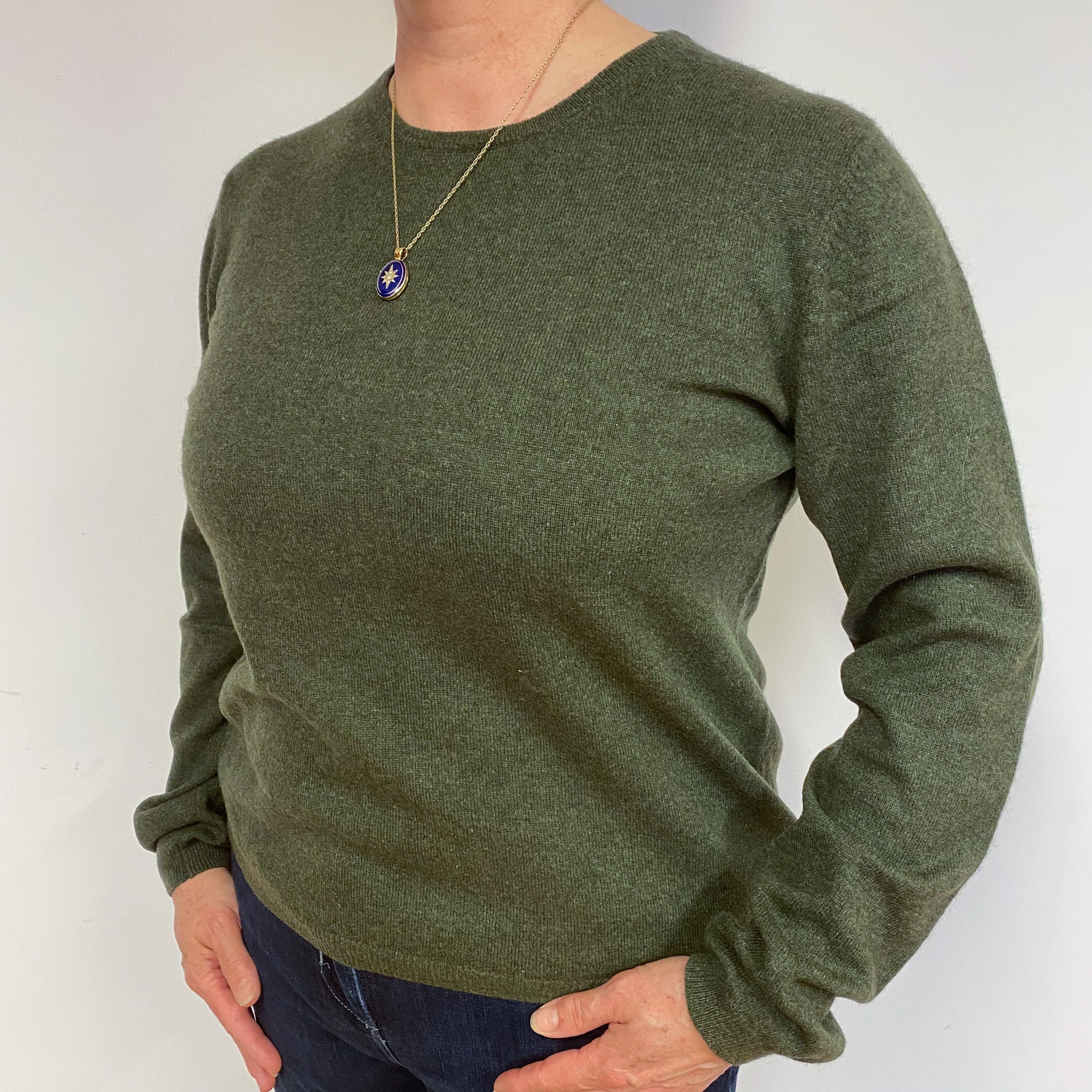 Deep Khaki Green Cashmere Crew Neck Jumper Large