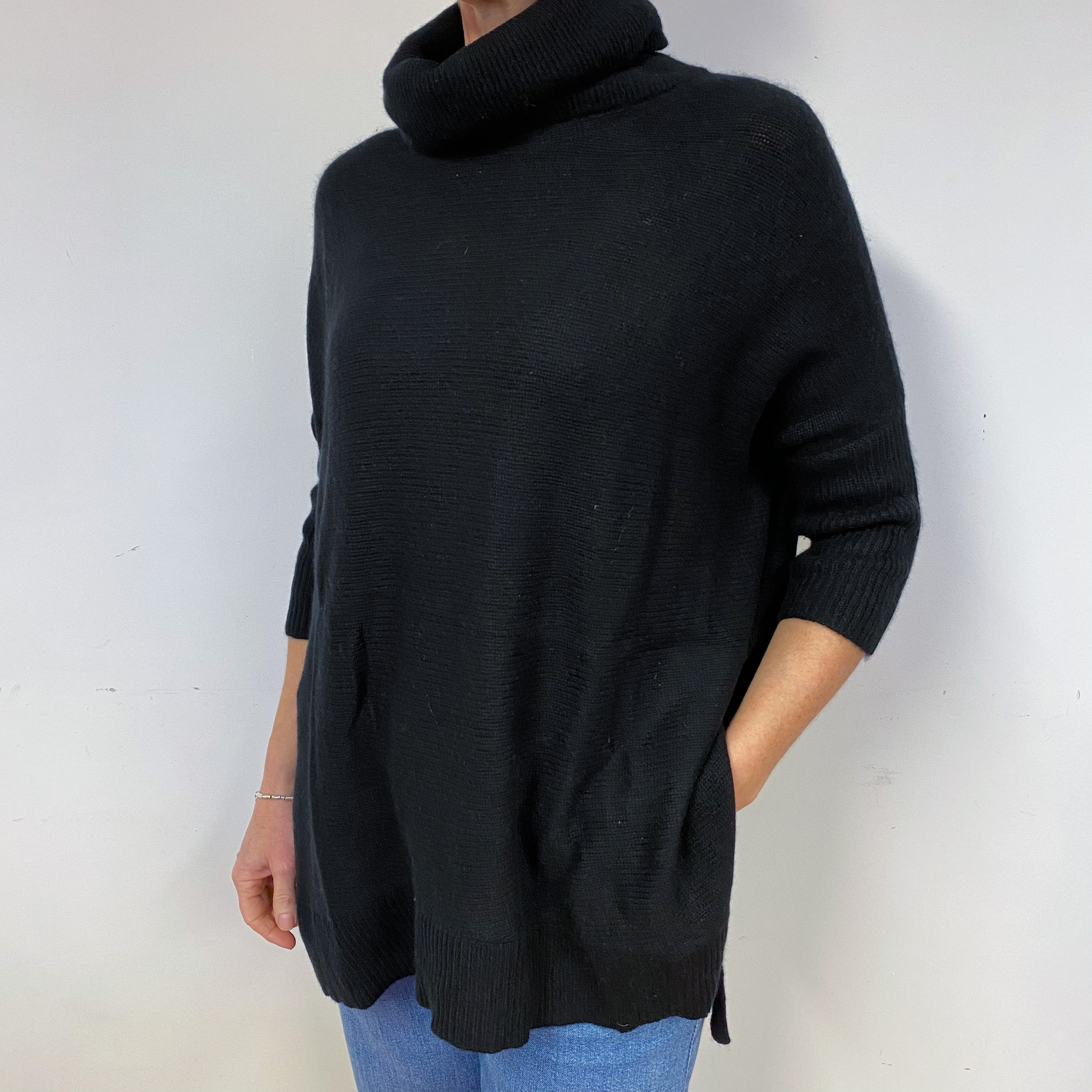 Black Chunky Tunic Style Cashmere Polo Neck Jumper Medium