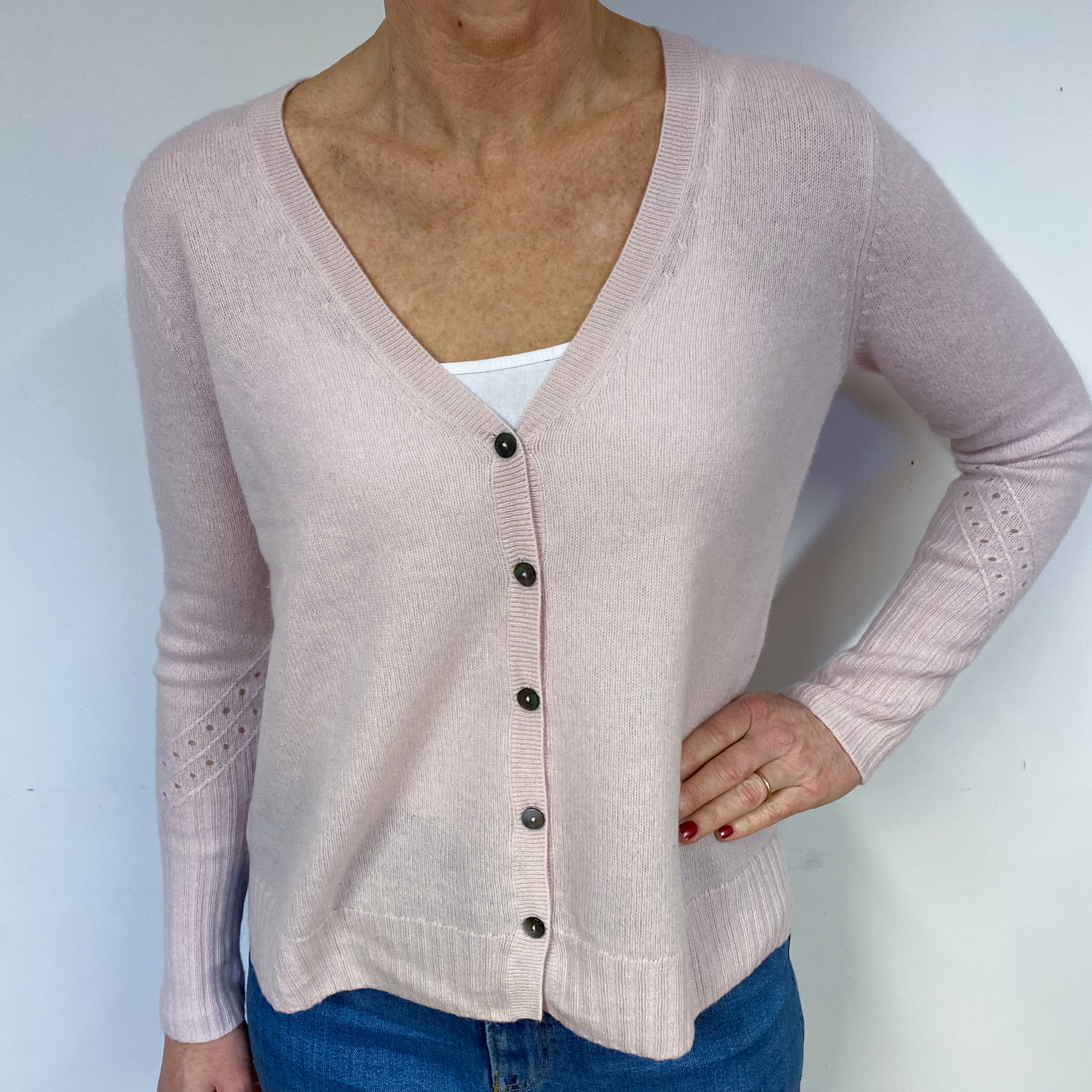 Lightweight Pale Pink Cashmere V-Neck Cardigan Medium