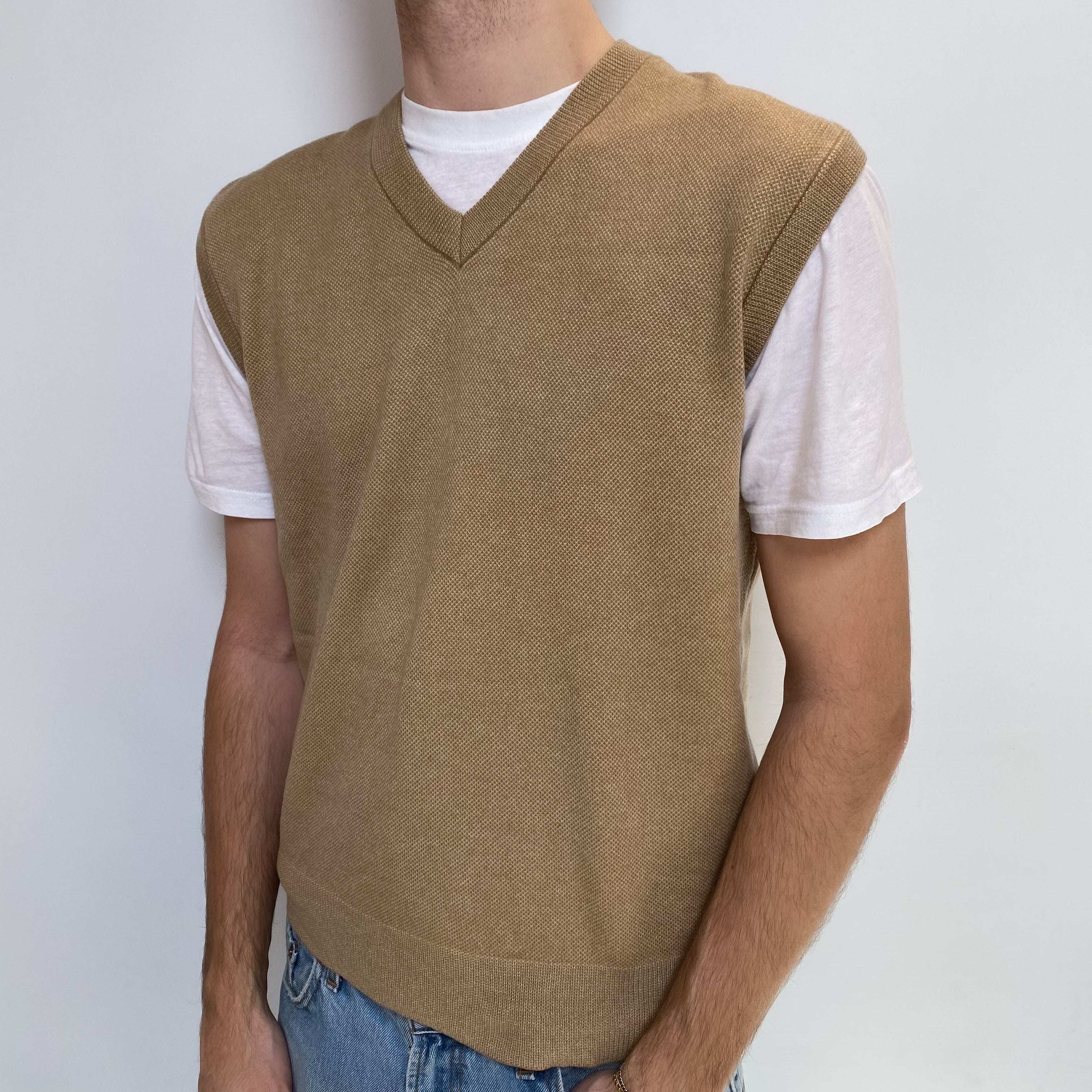Men's Christian Dior Camel Cashmere V Neck Tank Top Large