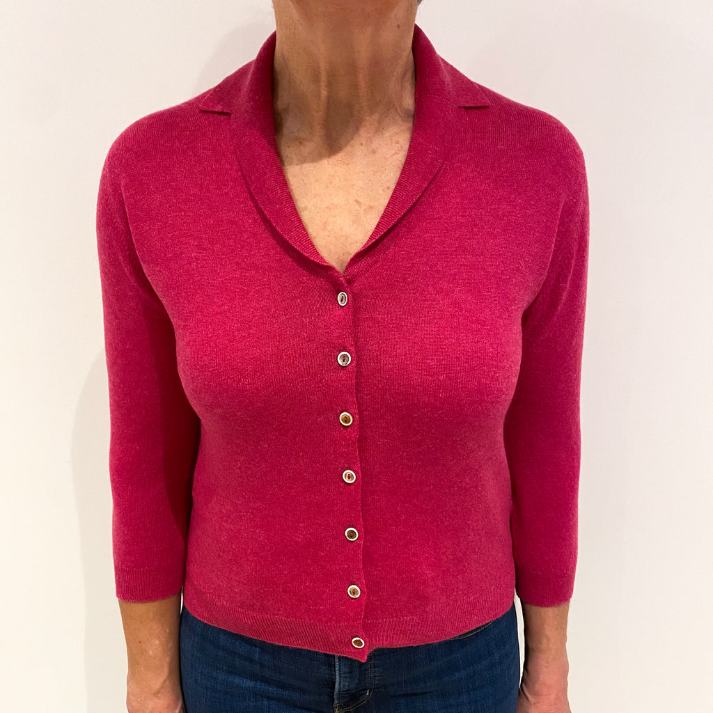 Brora Raspberry Pink Cashmere Collared V Neck Cardigan Medium