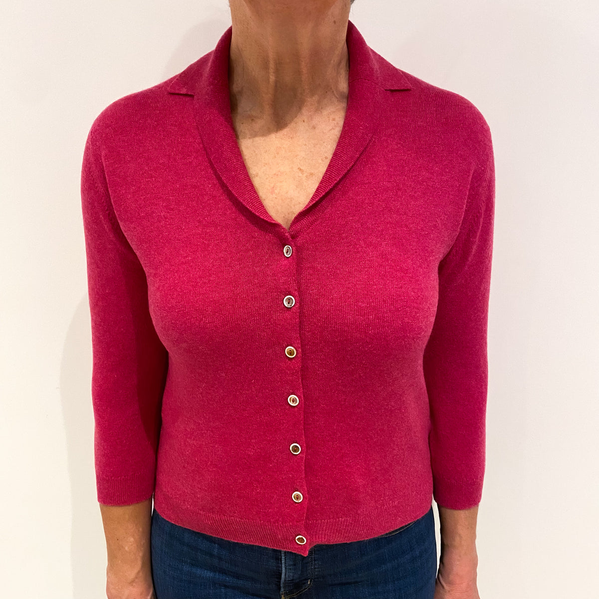 Brora Raspberry Pink Cashmere Collared V Neck Cardigan Medium