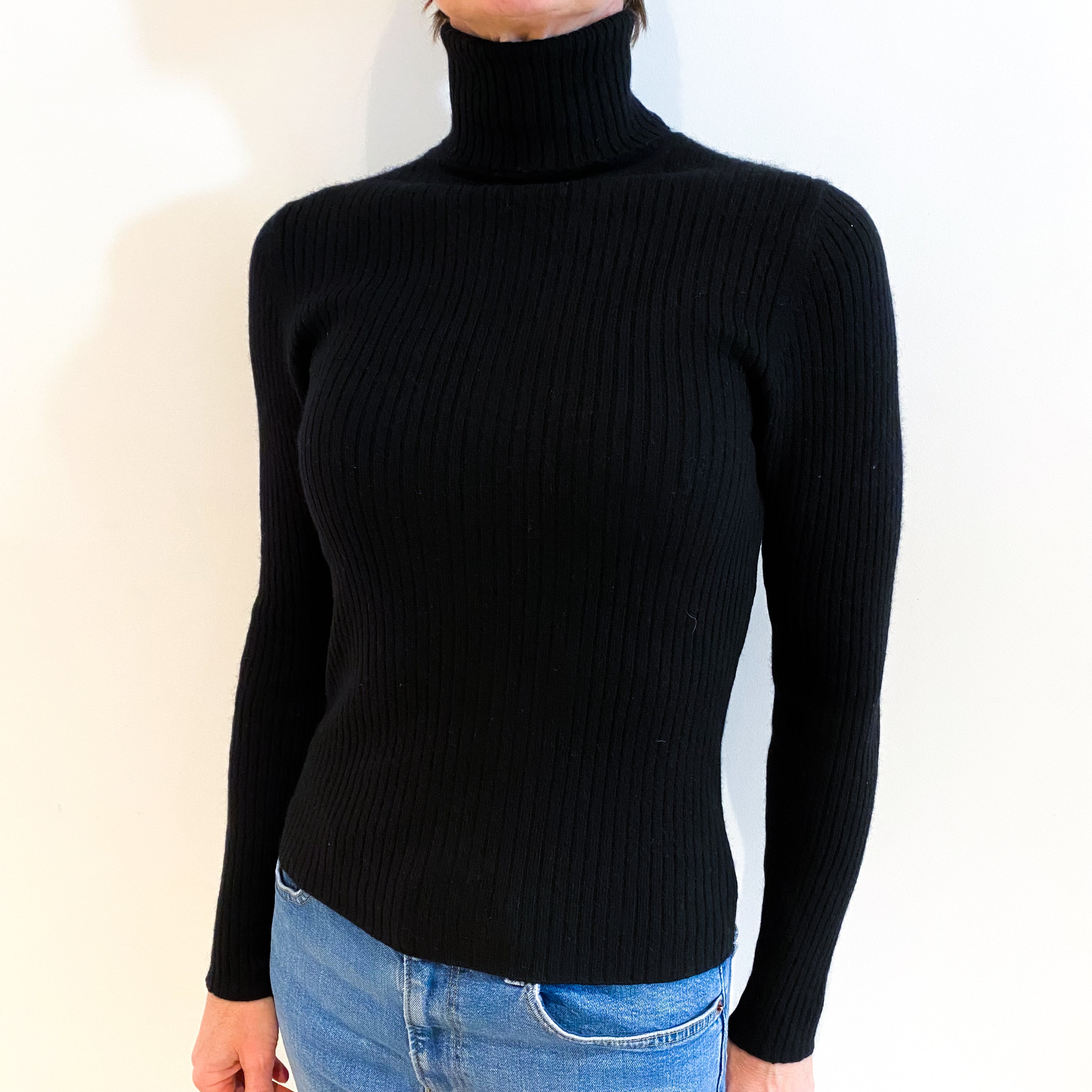 Black Skinny Rib Cashmere Polo Neck Jumper Small