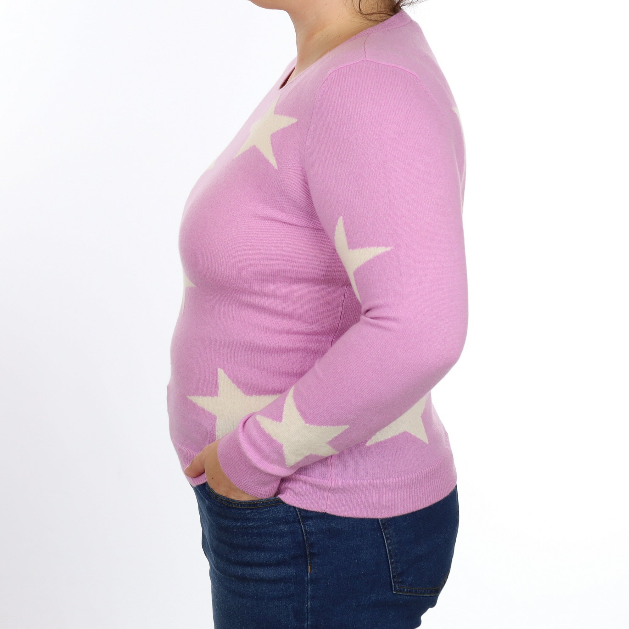 Mauve Purple with White Stars Cashmere Crew Neck Jumper Large
