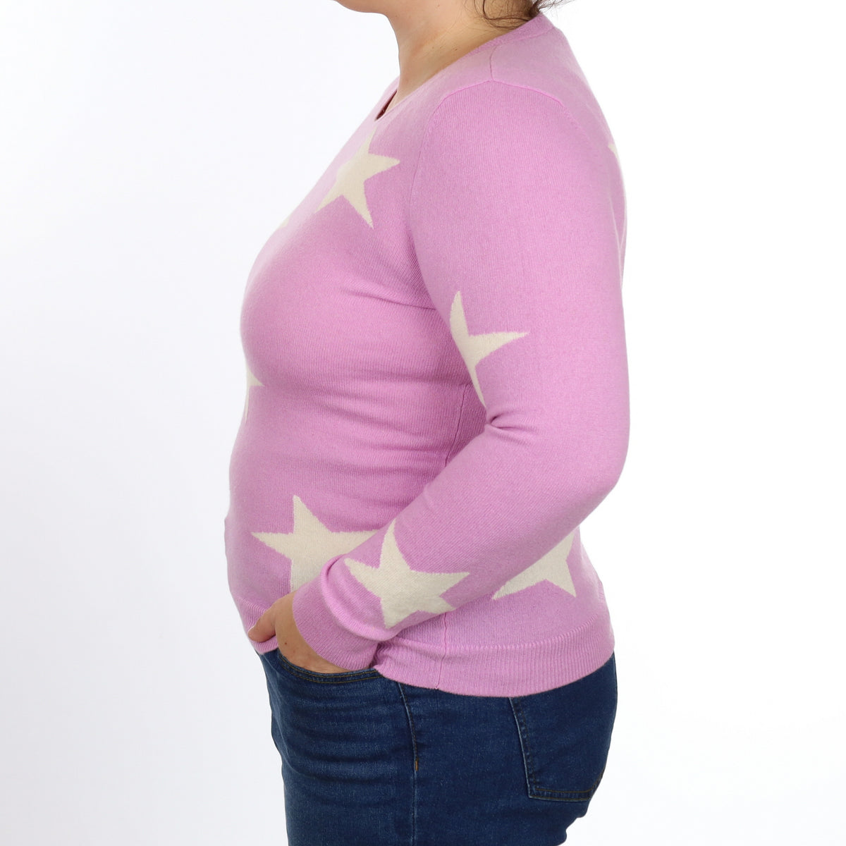 Mauve Purple with White Stars Cashmere Crew Neck Jumper Large