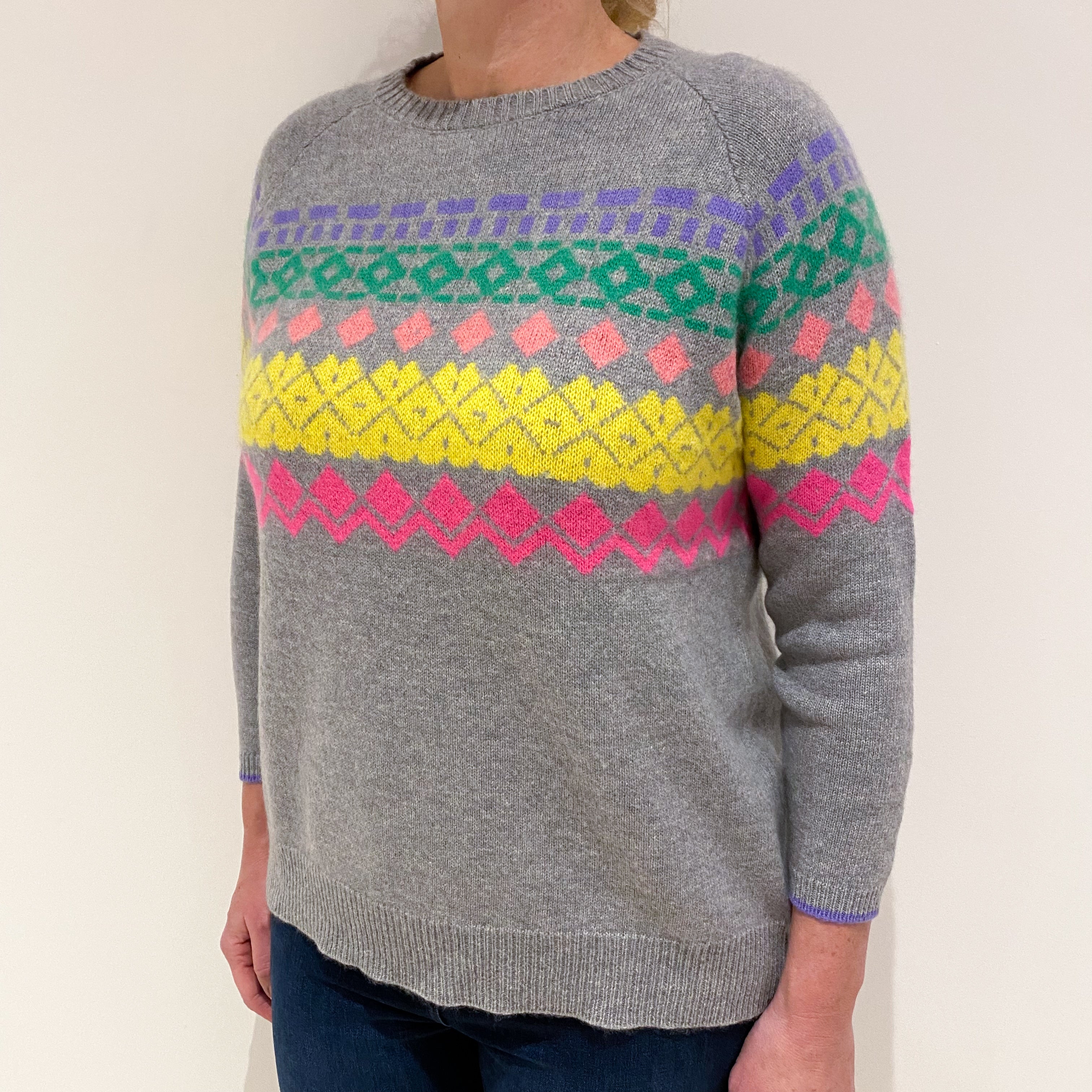 Grey Patterned Cashmere Crew Neck Jumper Large