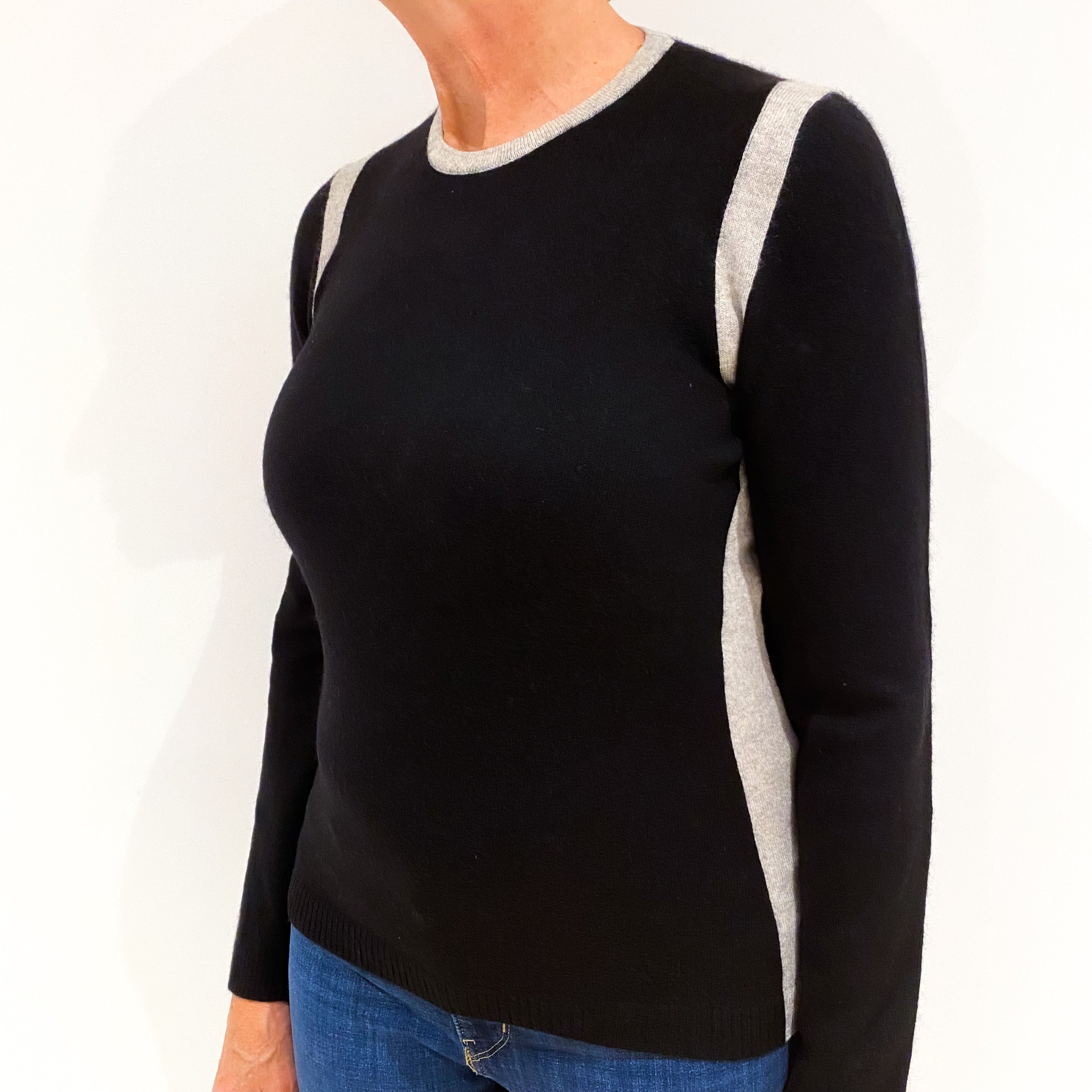 Black with Smoke Grey Cashmere Crew Neck Jumper Medium