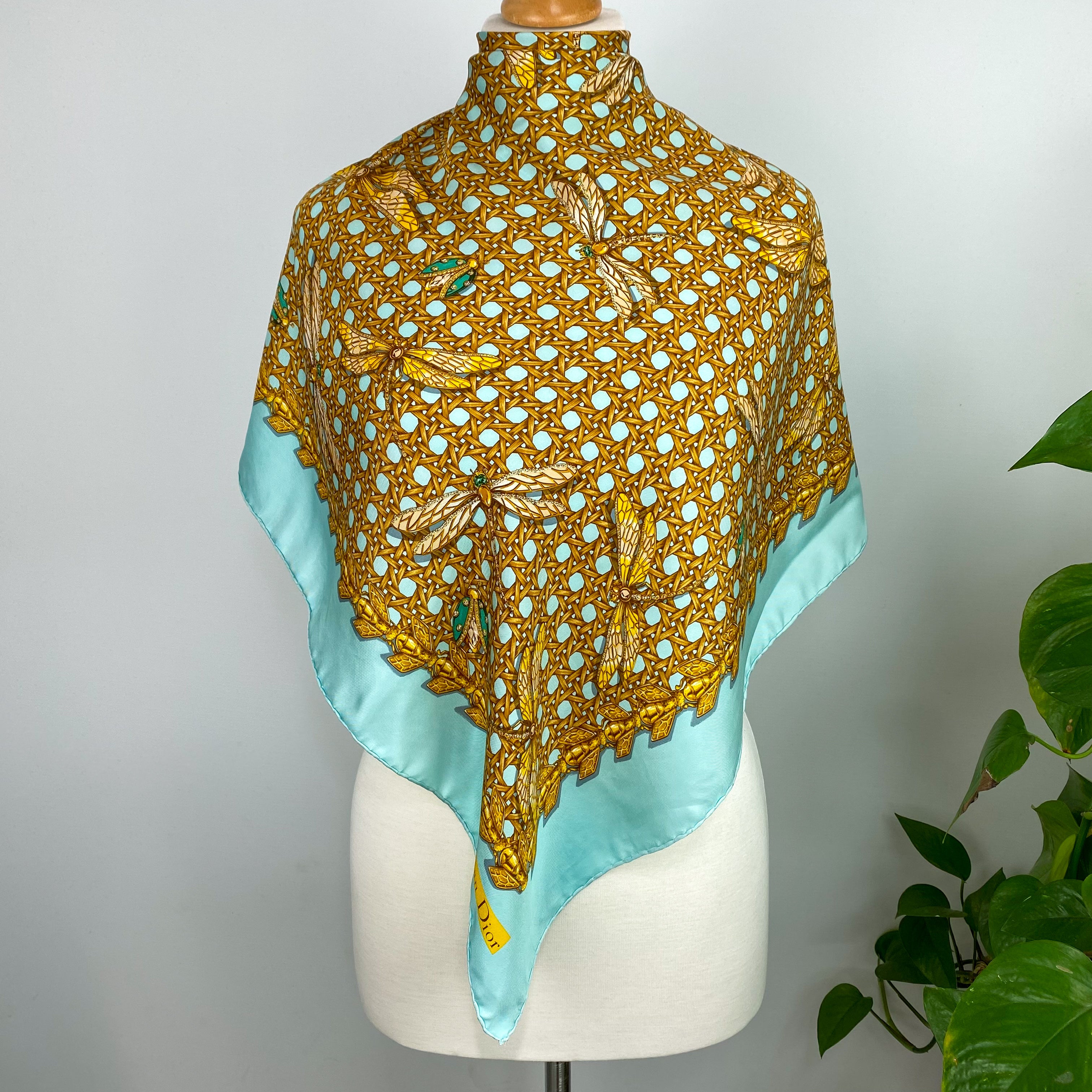 Christian Dior Aqua and Gold Vintage Silk Scarf