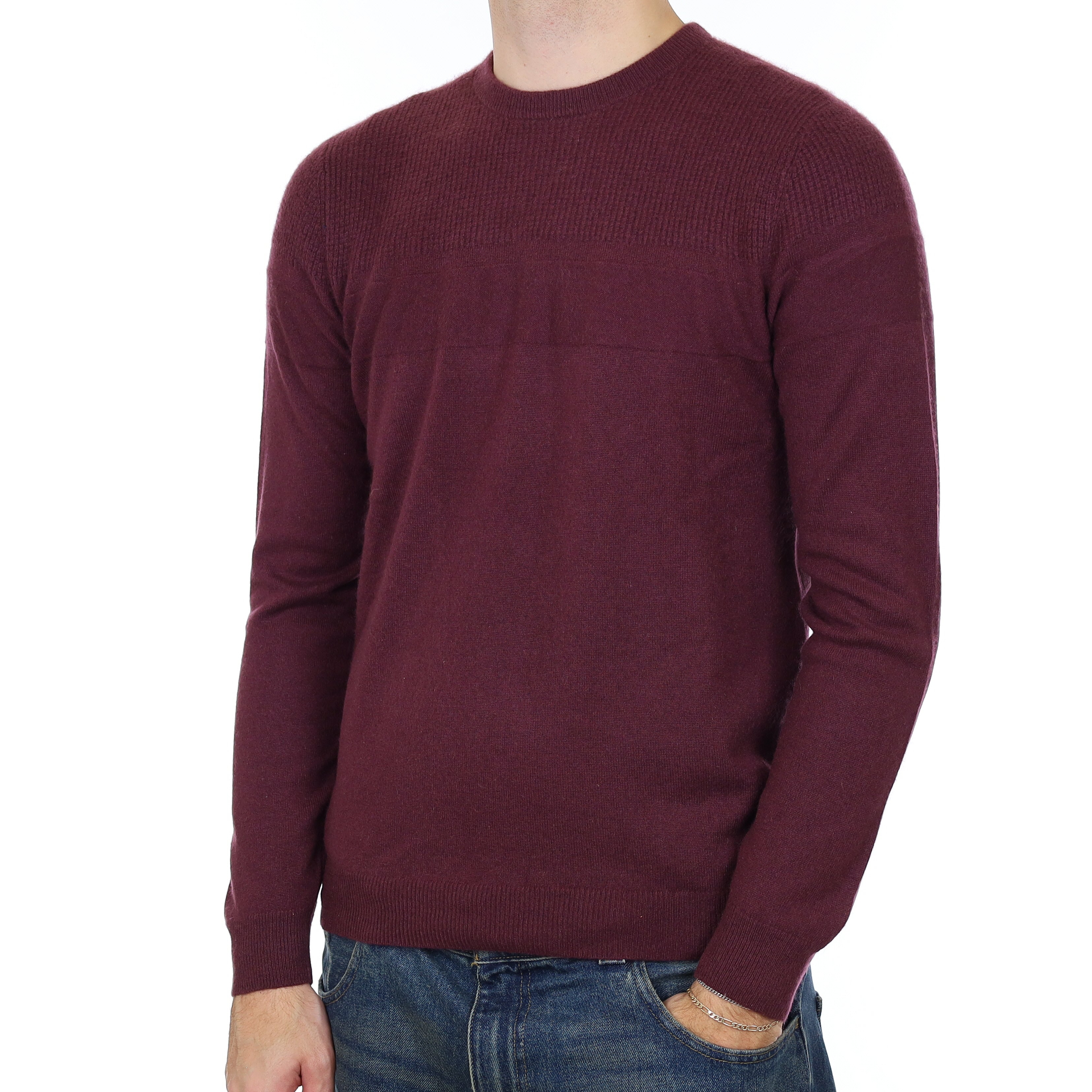 Men’s Fig Purple Textured Cashmere Crew Neck Jumper Medium