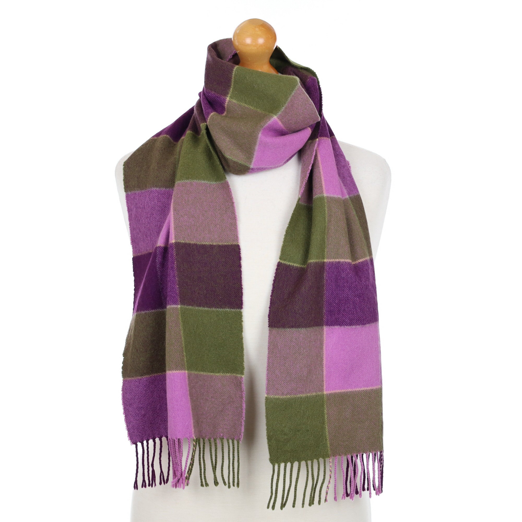 Purple and Green Check Cashmere Fringed Woven Scarf
