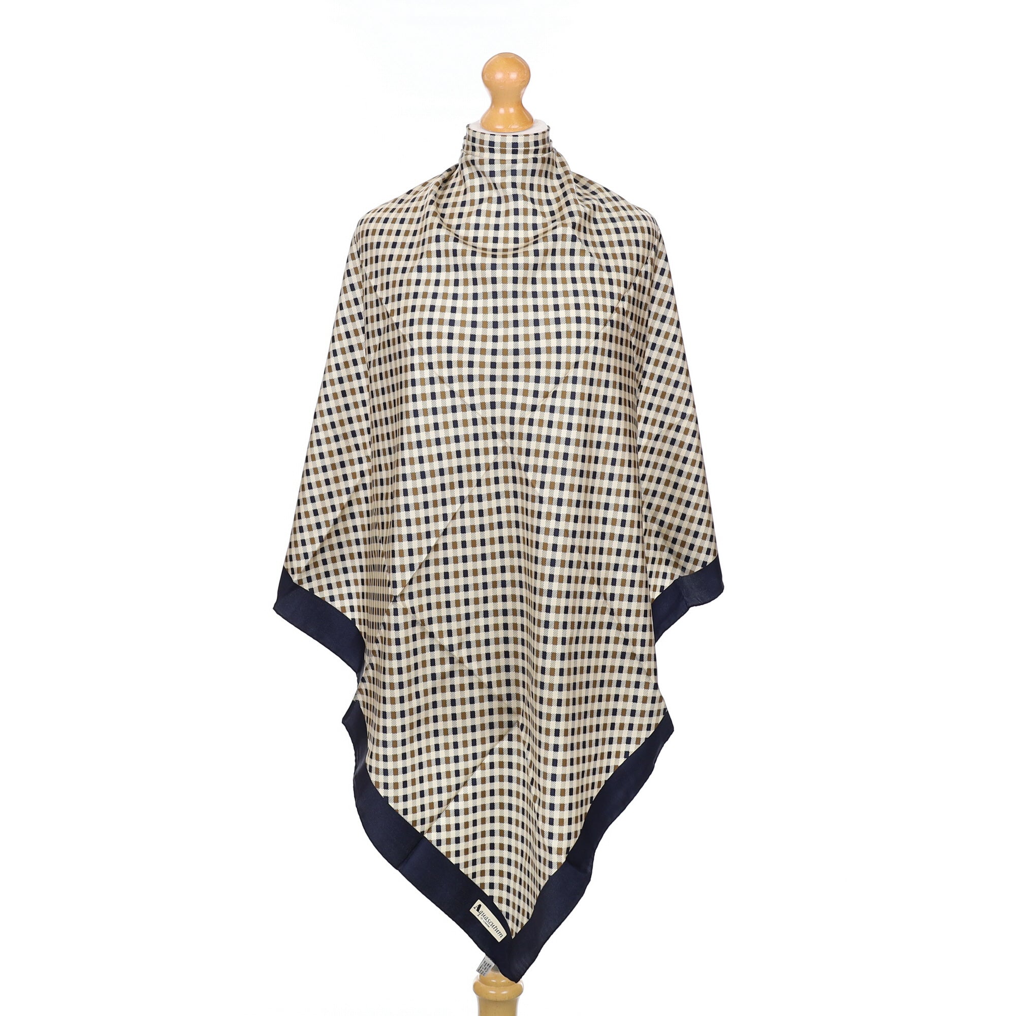 Aquascutum Navy, Cream and Olive Checked Silk Scarf