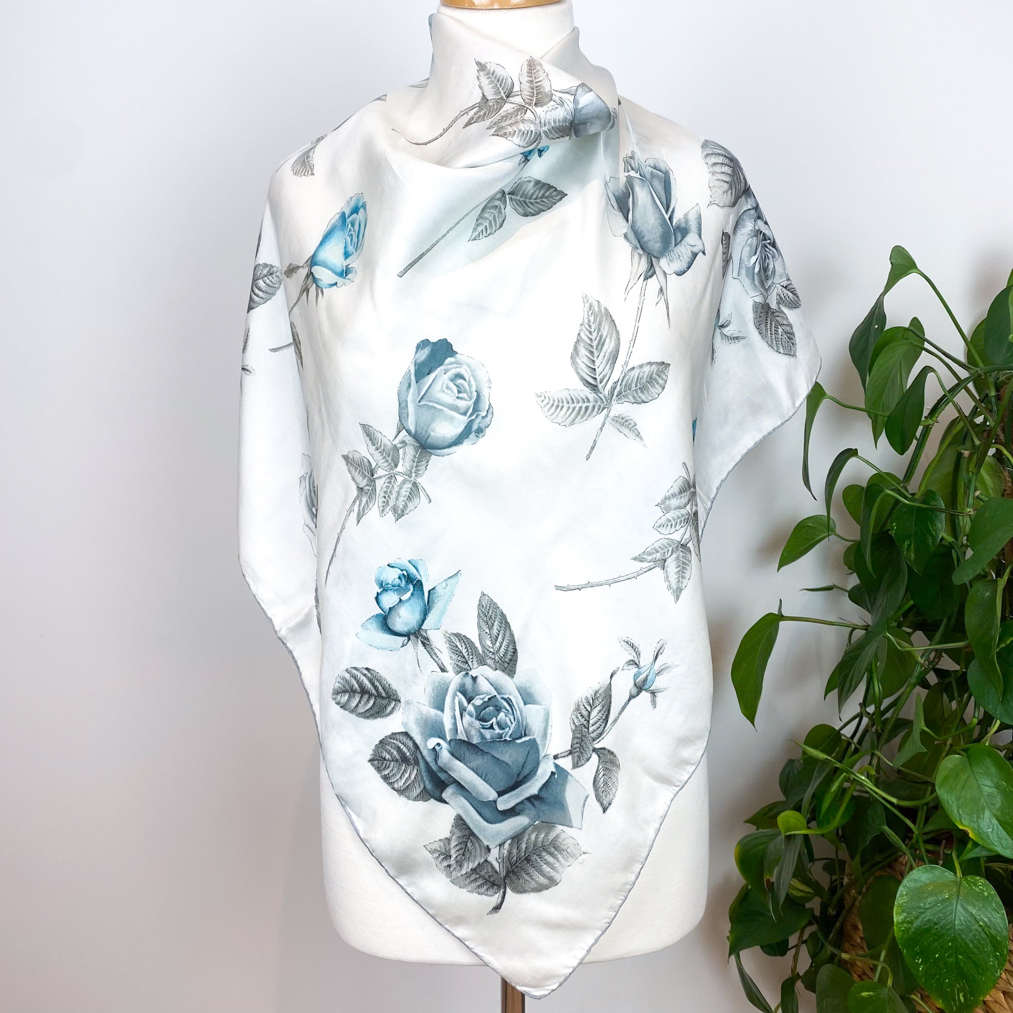 Pale Grey Floral Vintage Silk Scarf