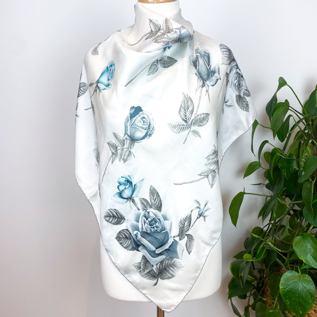 Pale Grey Floral Vintage Silk Scarf