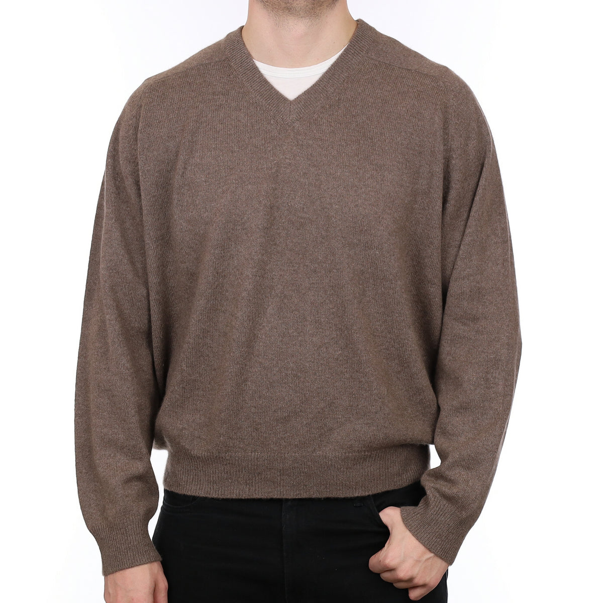 Men’s Mocha Brown Cashmere V Neck Jumper XXL