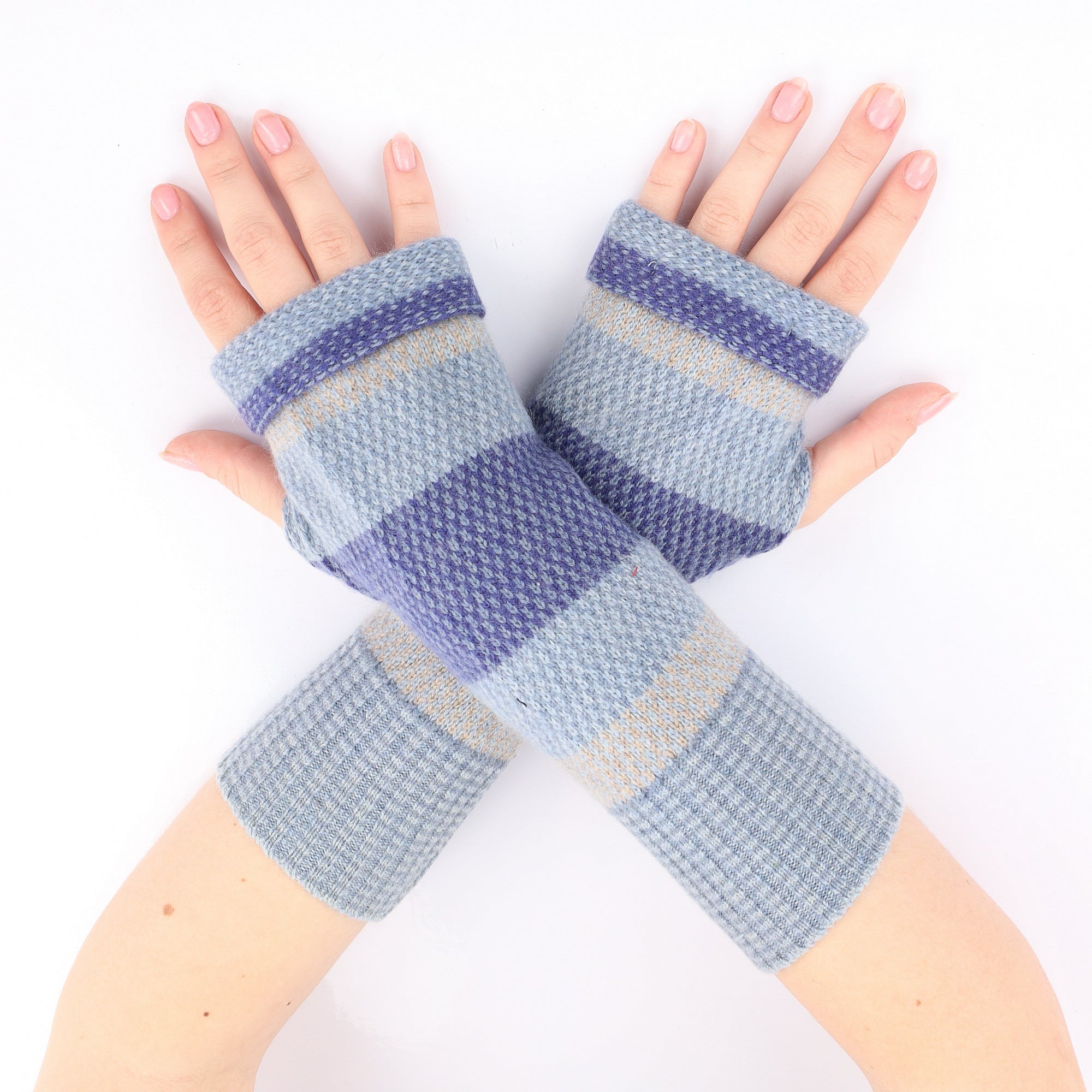 Multi Tone Blue Stripe Fingerless Gloves