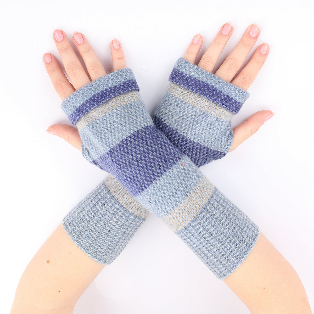 Multi Tone Blue Stripe Fingerless Gloves