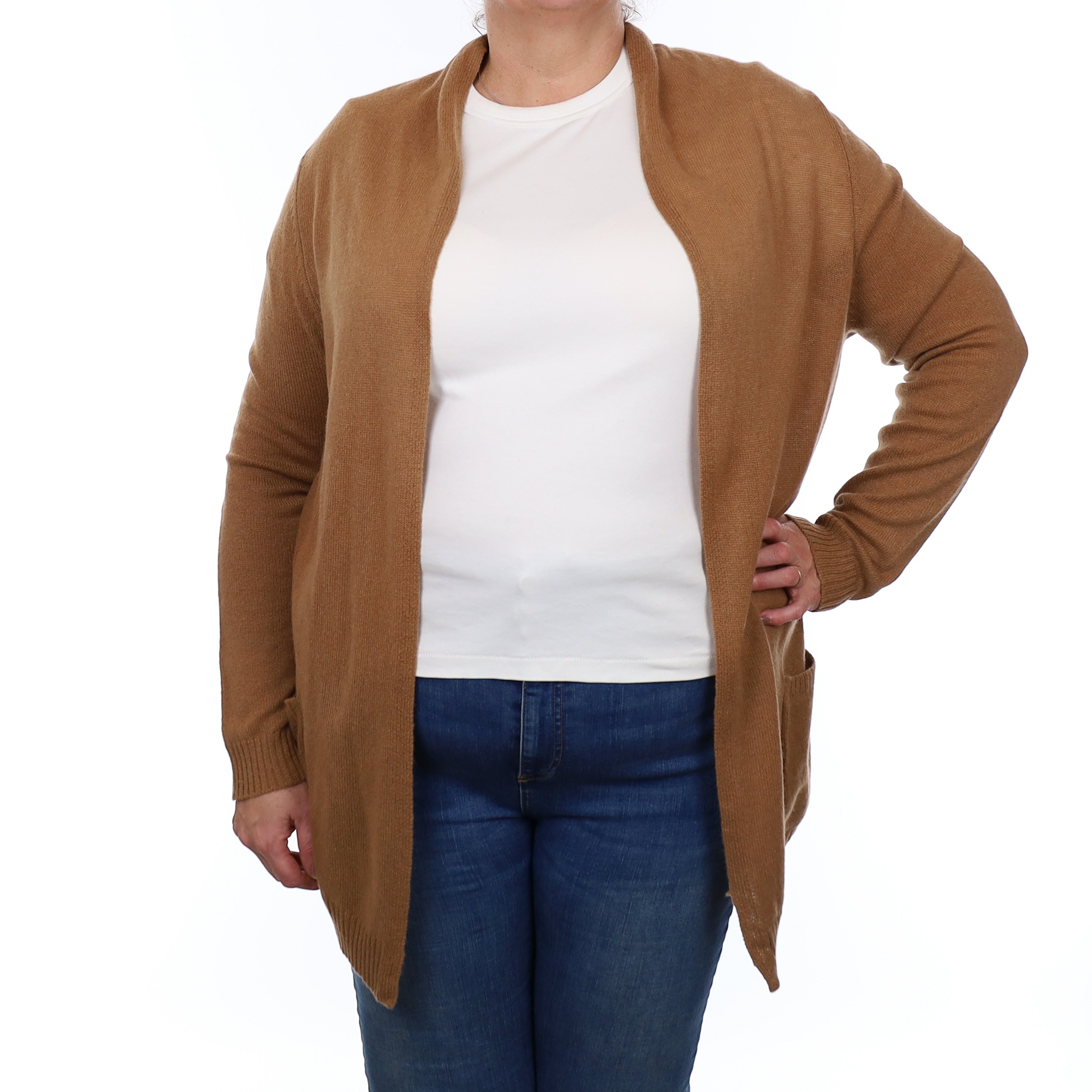 Cinnamon Brown Cashmere Longline Edge to Edge Cardigan with Pockets Extra Large