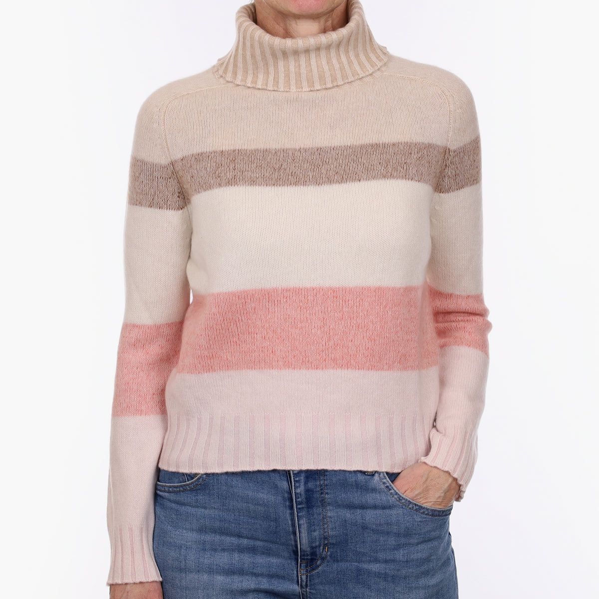 Neutral and Pink Striped Heavy Knit Cashmere Polo Neck Jumper Small